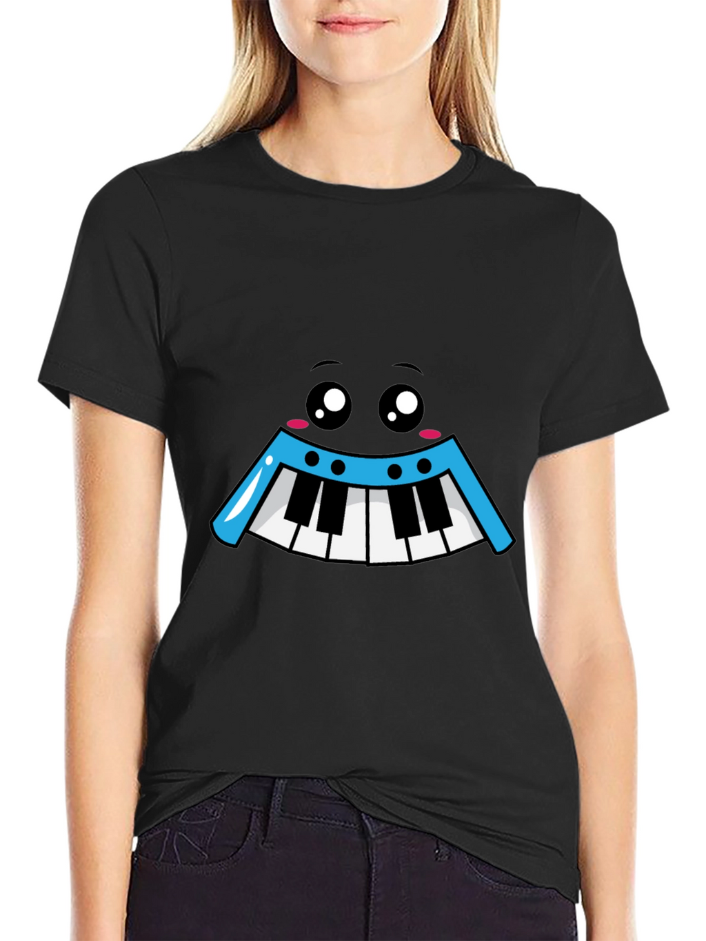 Kawaii Piano Face Black T-Shirt