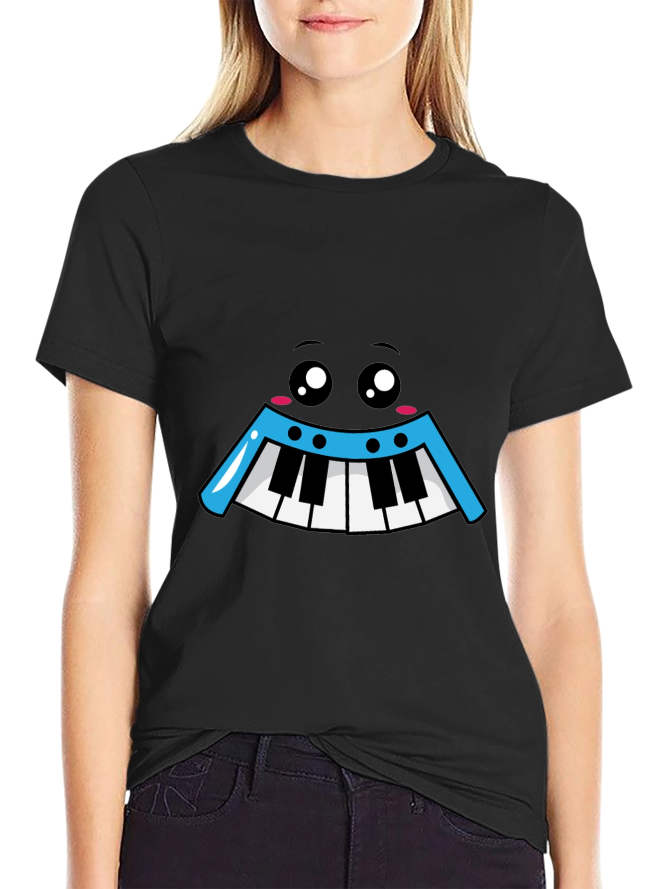 Kawaii Piano Face Black T-Shirt