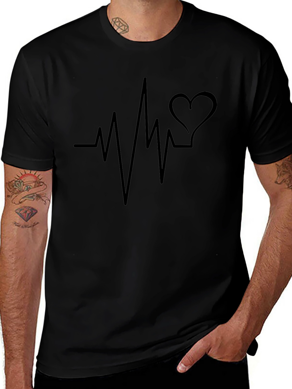Heartbeat Heart Love Graphic Mens Black T-Shirt