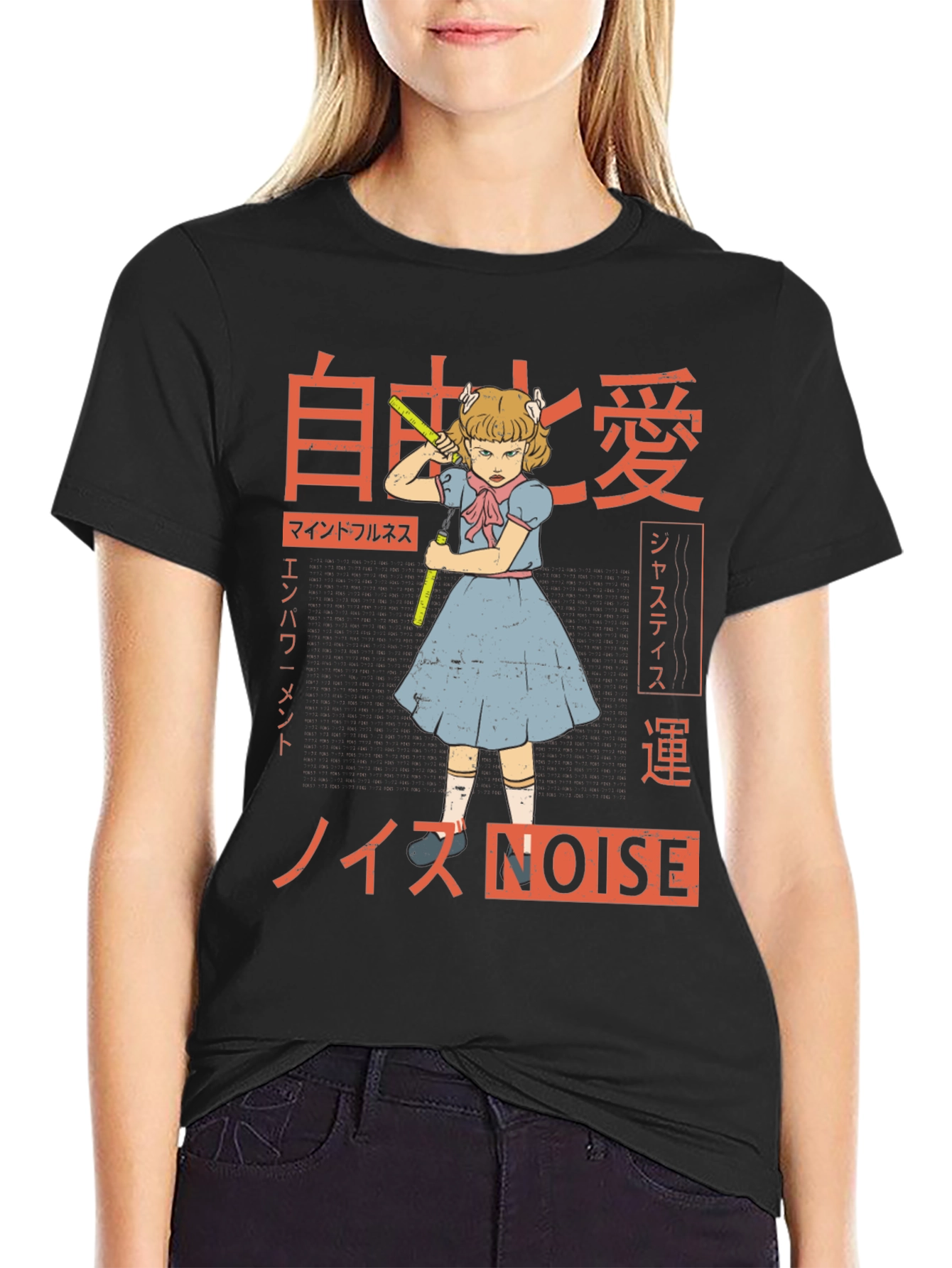 Graphic T-Shirt: Anime Girl with Nunchucks & Japanese Text