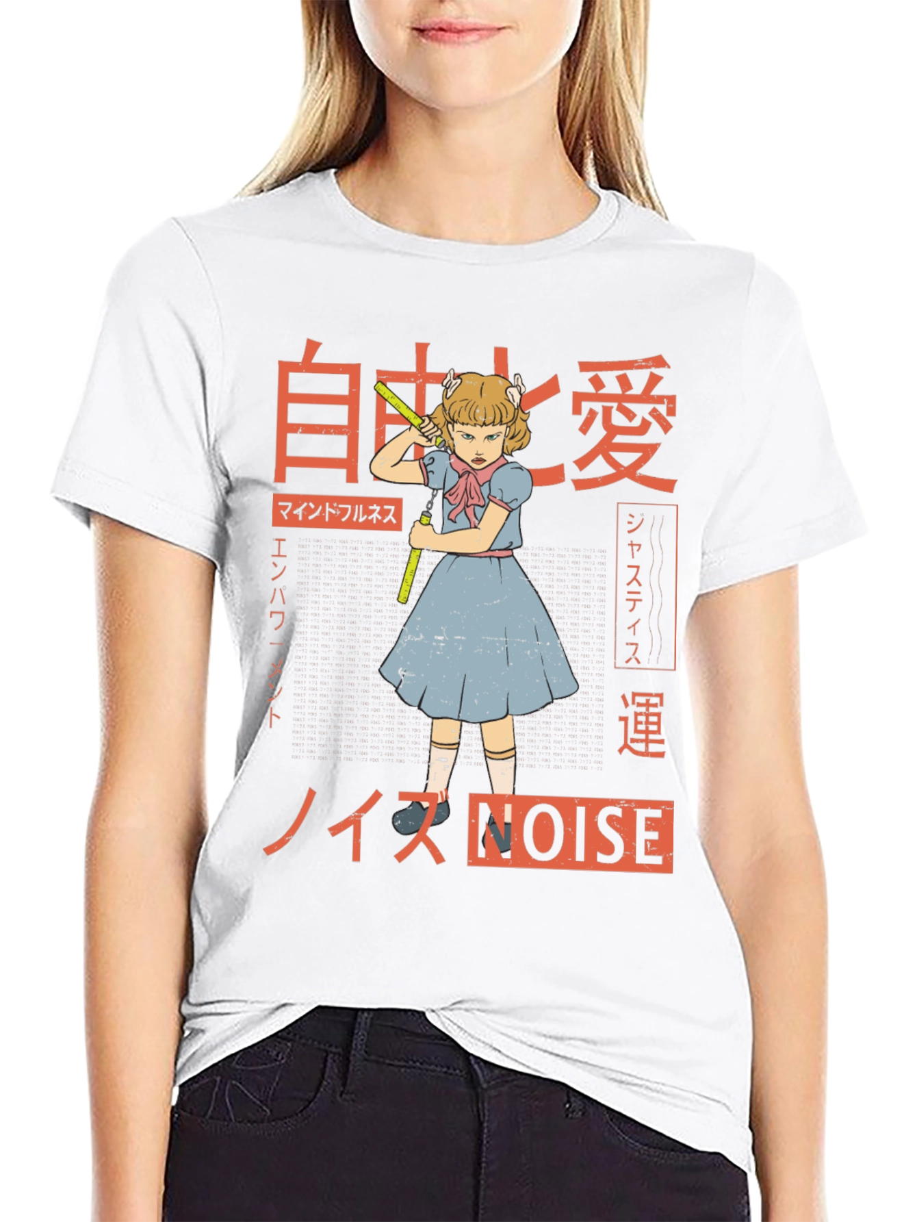 Graphic T-Shirt: Anime Girl with Nunchucks & Japanese Text