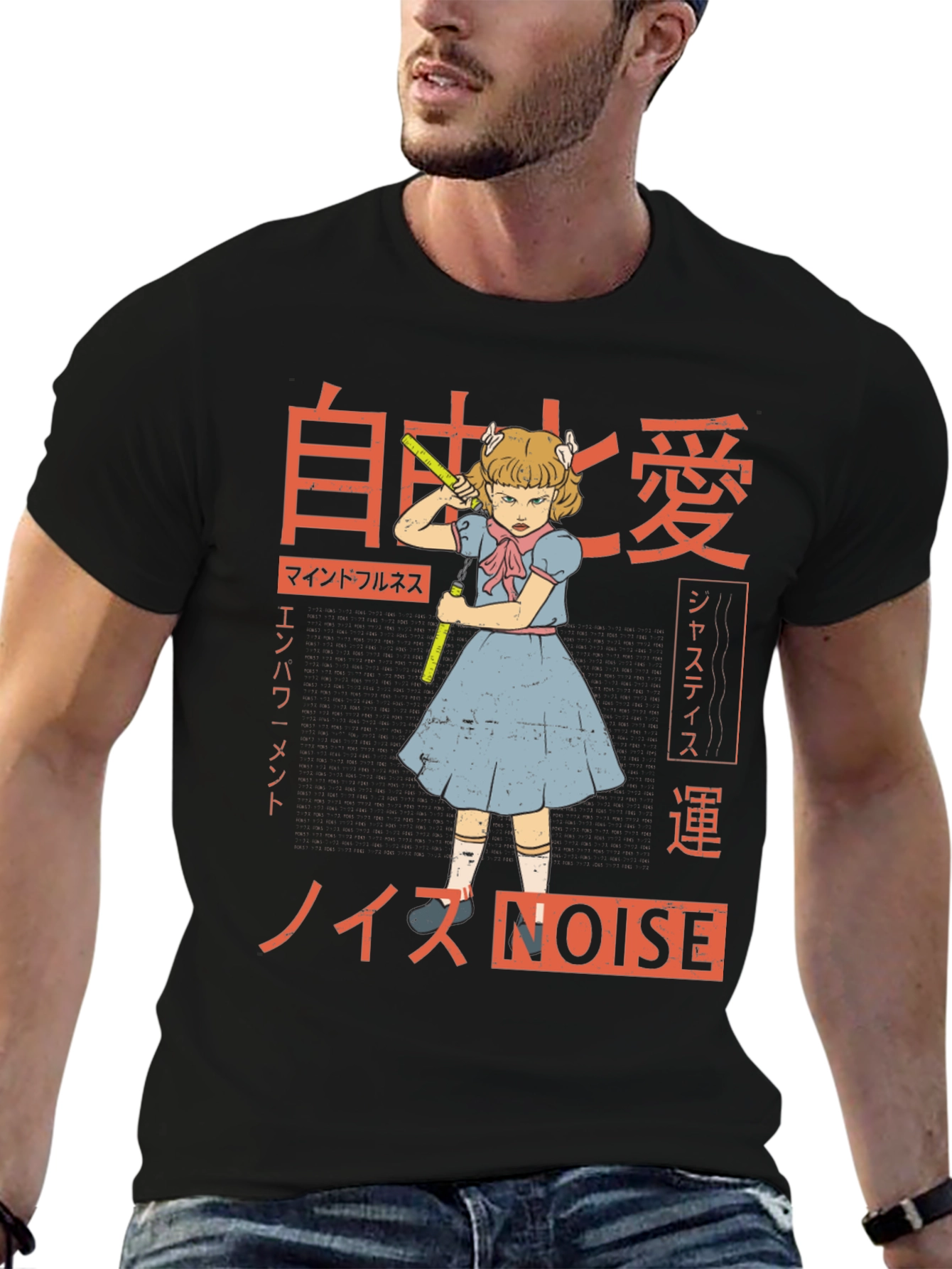 Graphic T-Shirt: Anime Girl with Nunchucks & Japanese Text