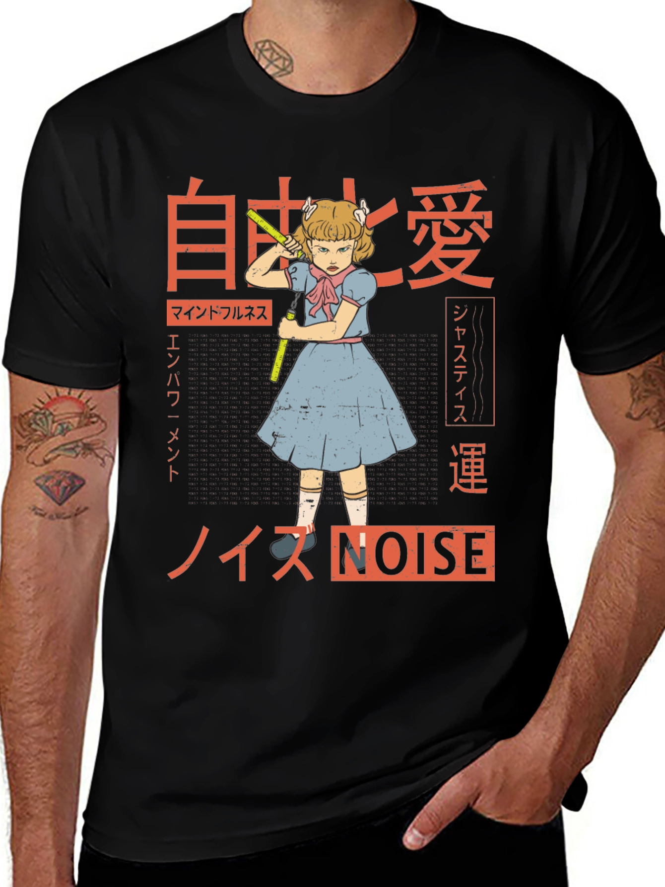 Graphic T-Shirt: Anime Girl with Nunchucks & Japanese Text