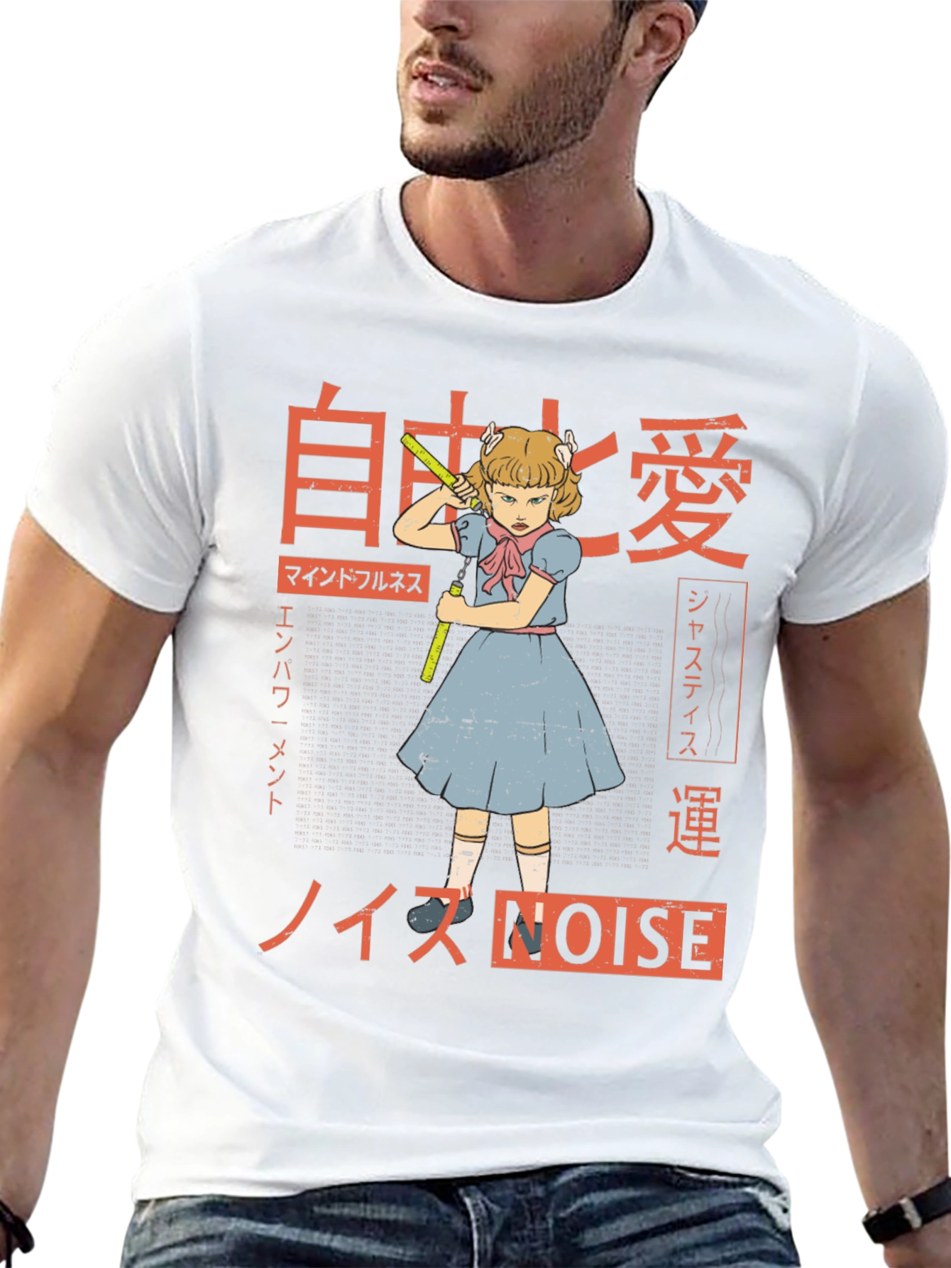 Graphic T-Shirt: Anime Girl with Nunchucks & Japanese Text