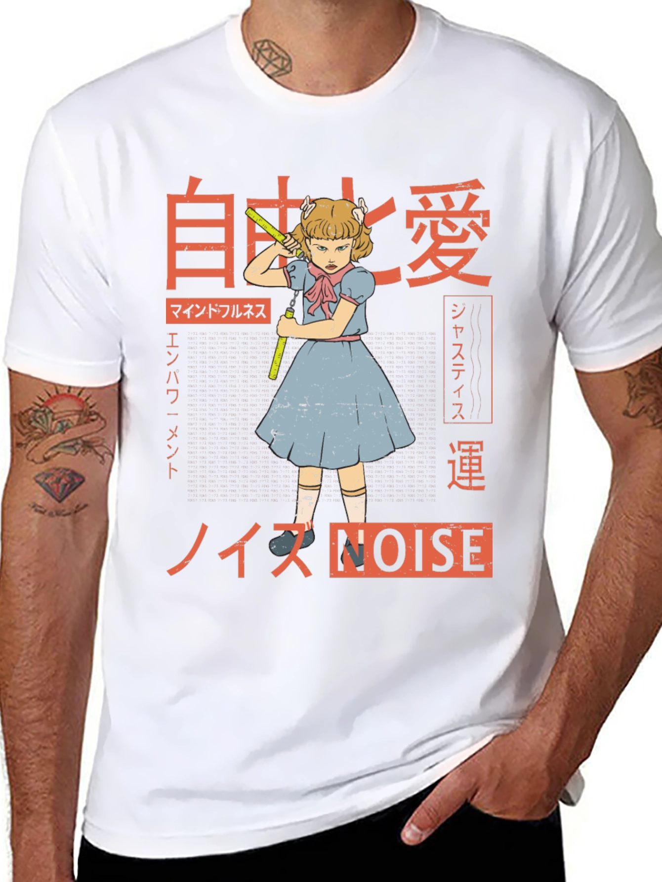 Graphic T-Shirt: Anime Girl with Nunchucks & Japanese Text