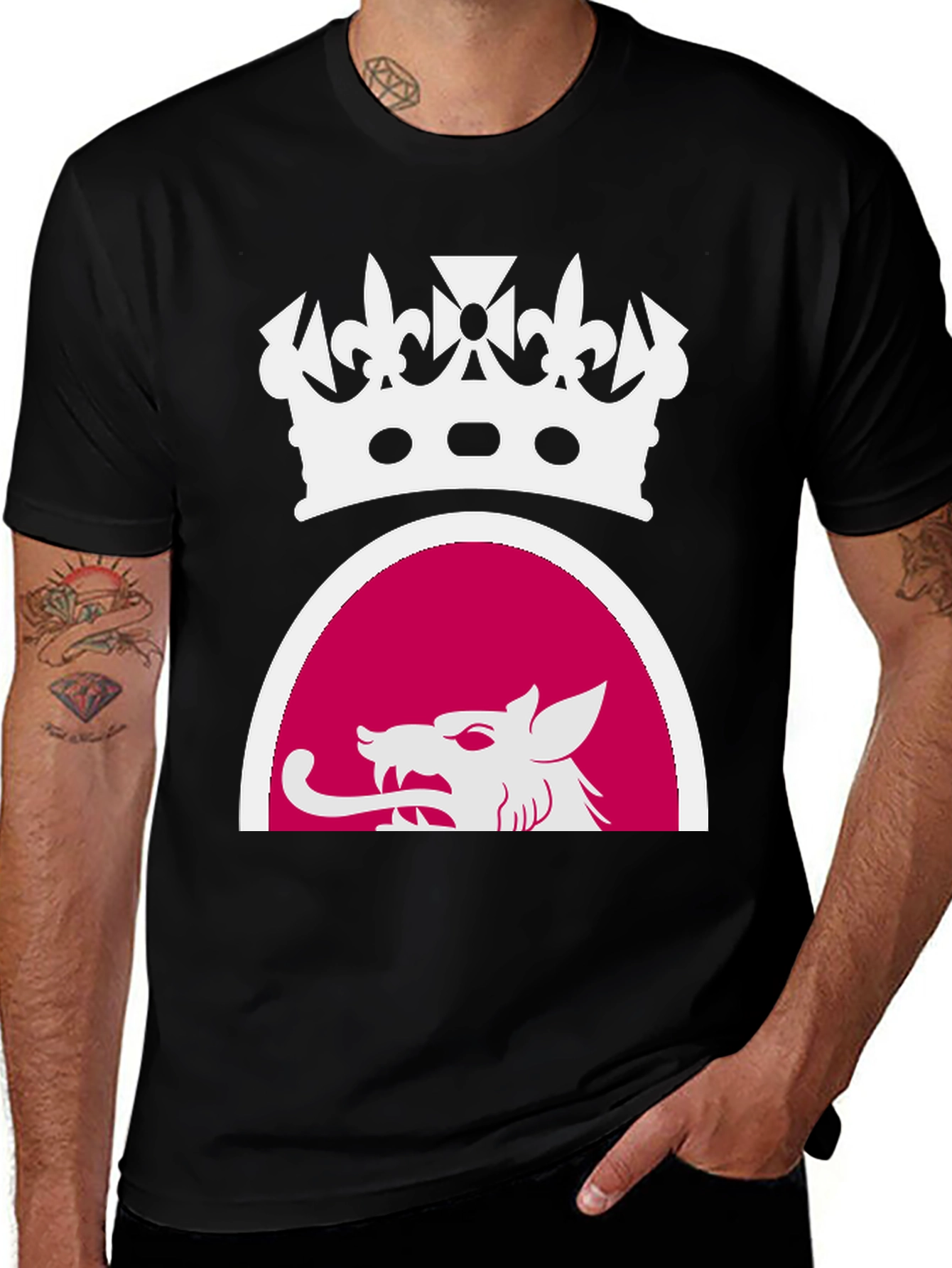 Black Tee with Crown and Wolf Design
