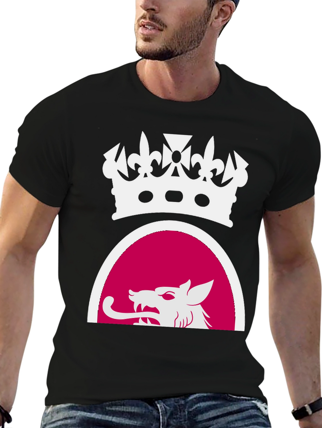 Black Tee with Crown and Wolf Design