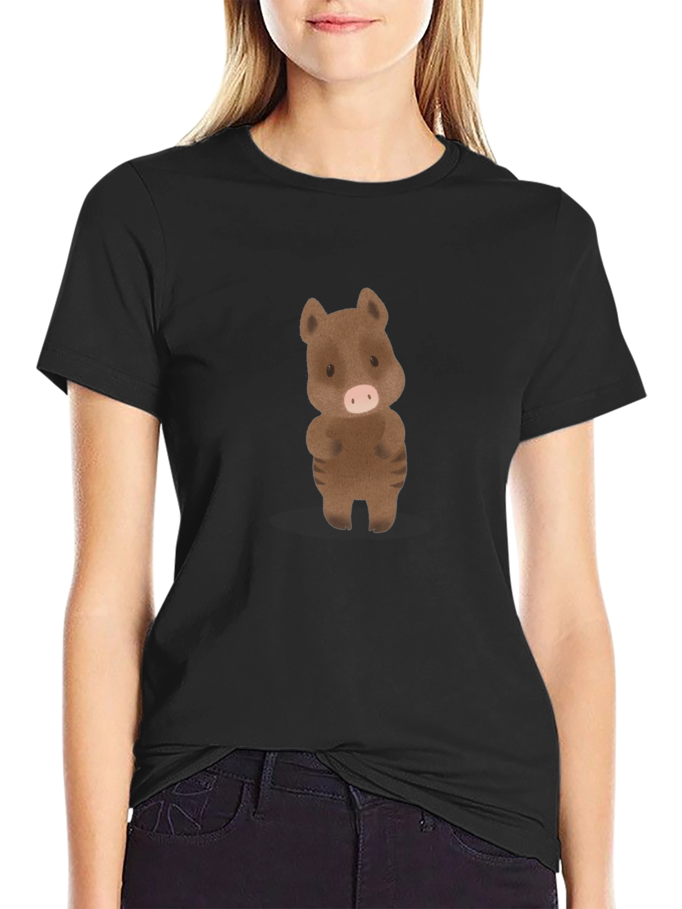 Cute Boar Graphic Tee - Black Cotton Shirt