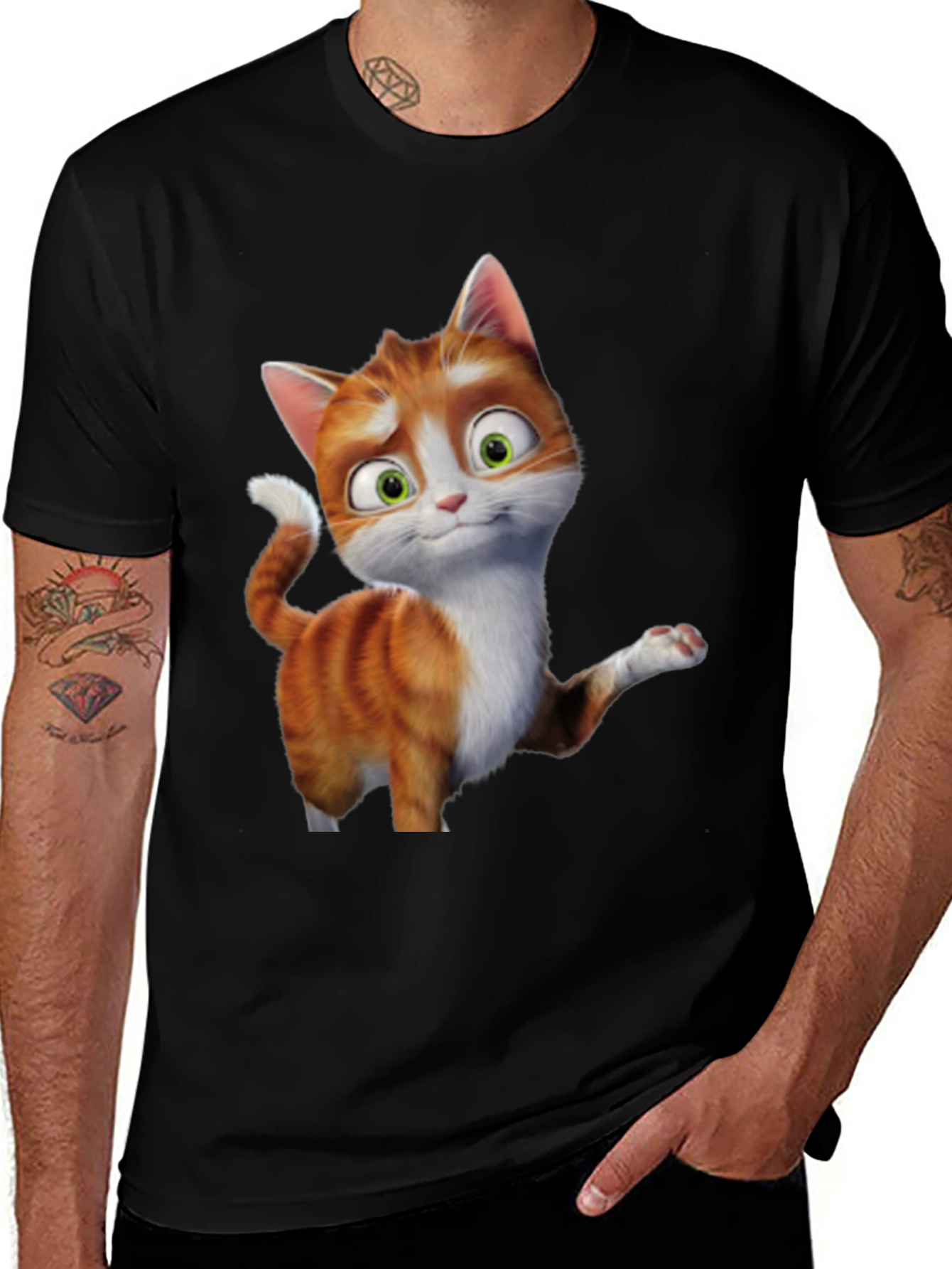 Cartoon Cat Graphic Tee - Black Unisex T-Shirt