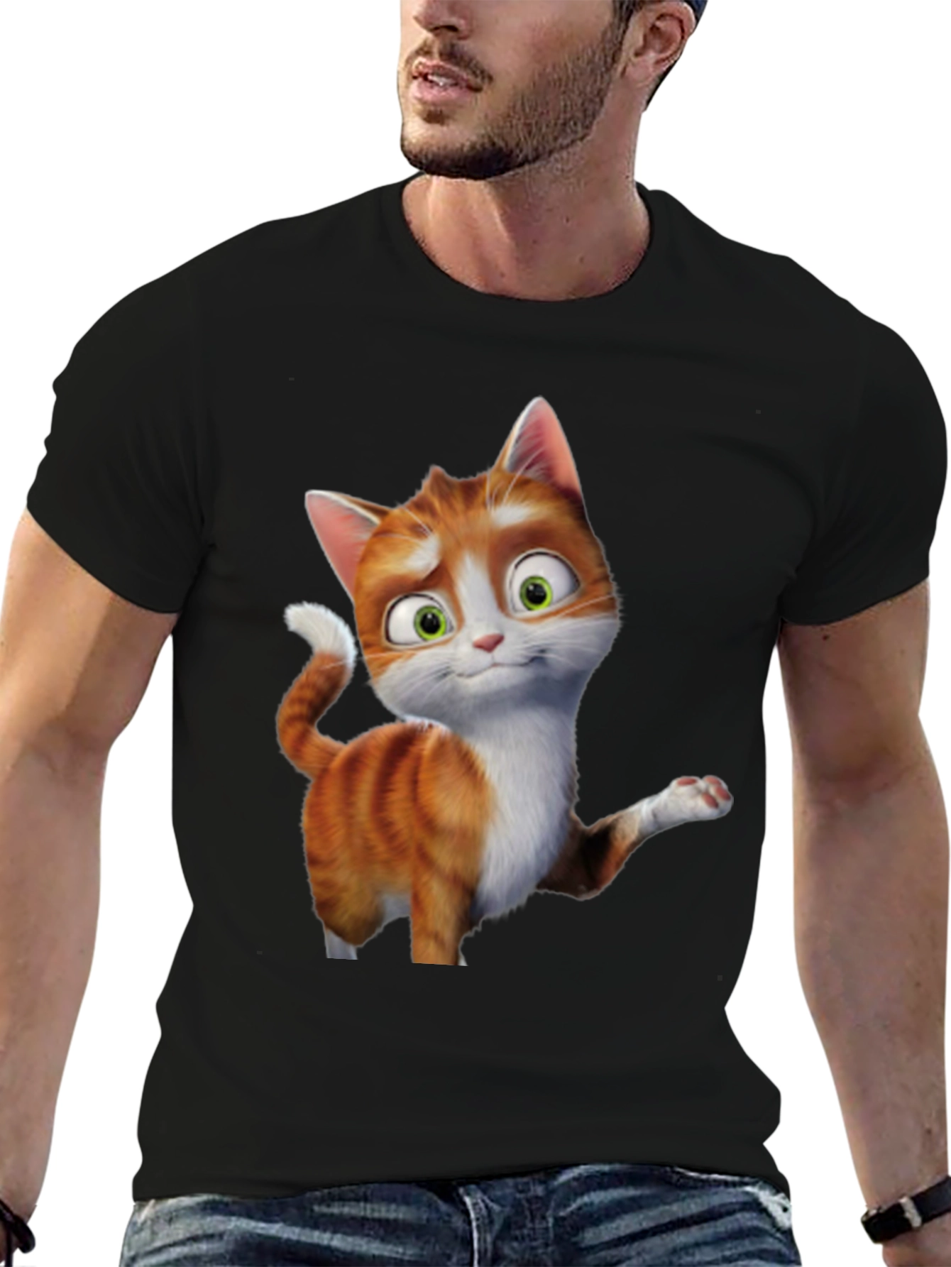 Cartoon Cat Graphic Tee - Black Unisex T-Shirt
