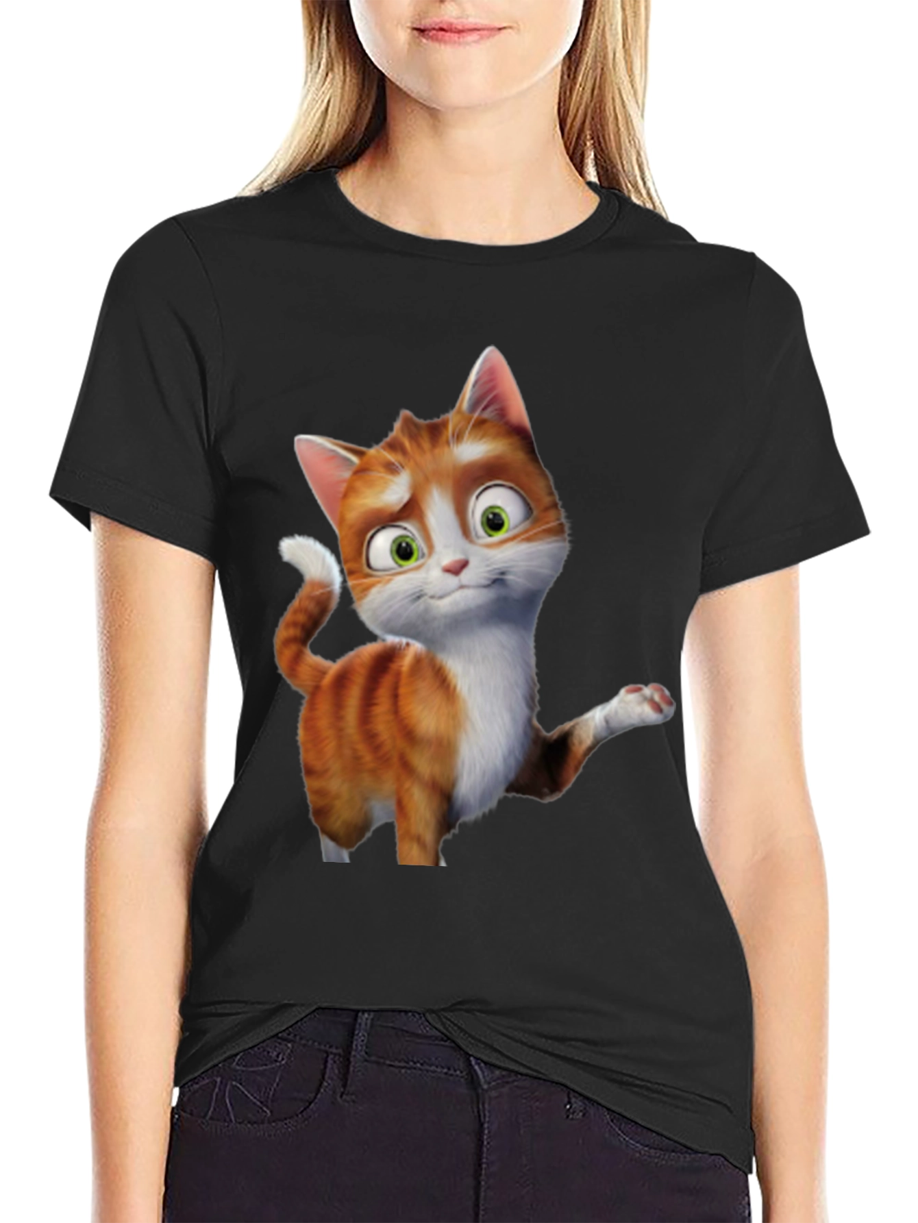 Cartoon Cat Graphic Tee - Black Unisex T-Shirt