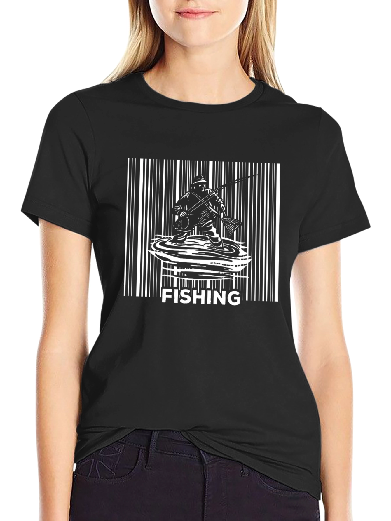 Fishing Barcode Graphic Tee - Black Casual T-Shirt