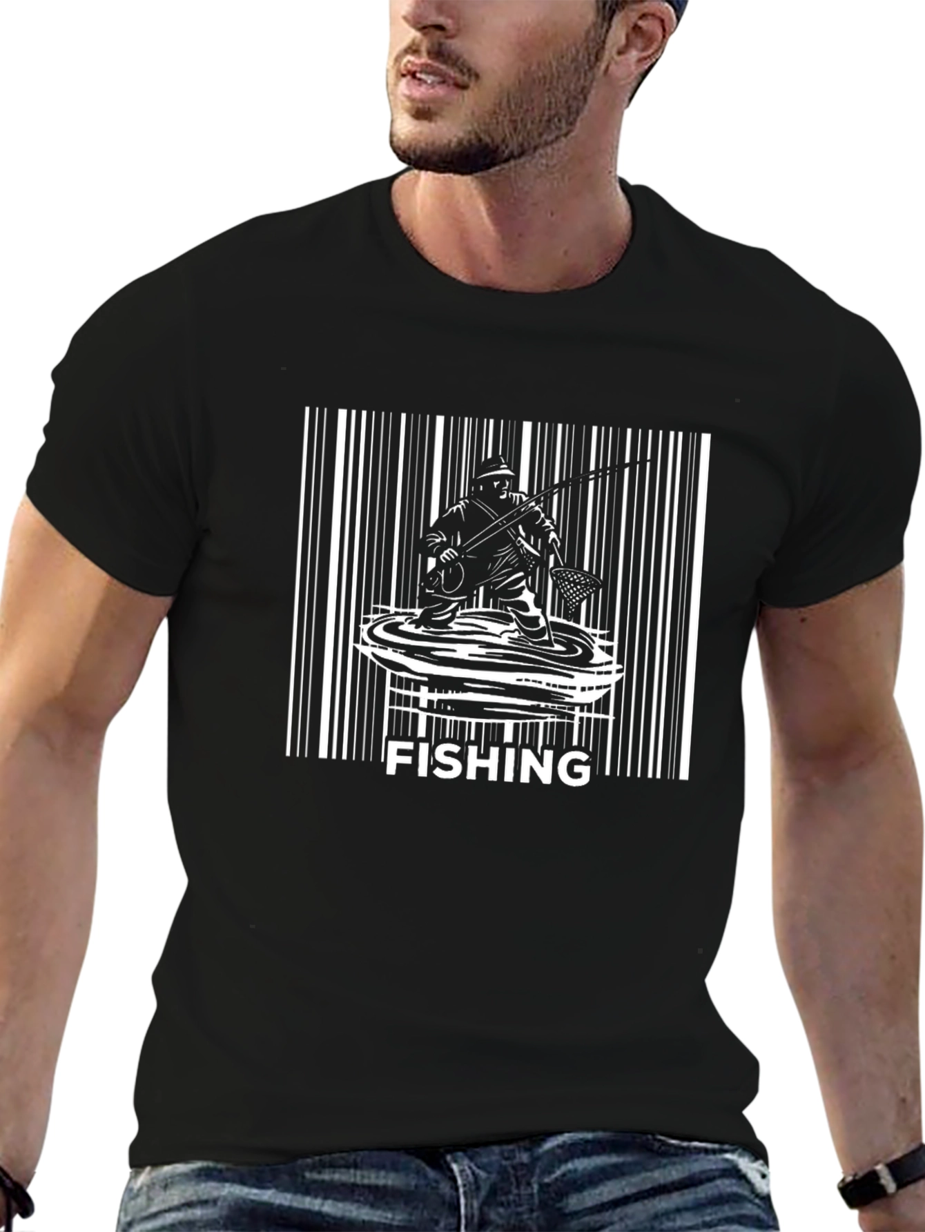 Fishing Barcode Graphic Tee - Black Casual T-Shirt