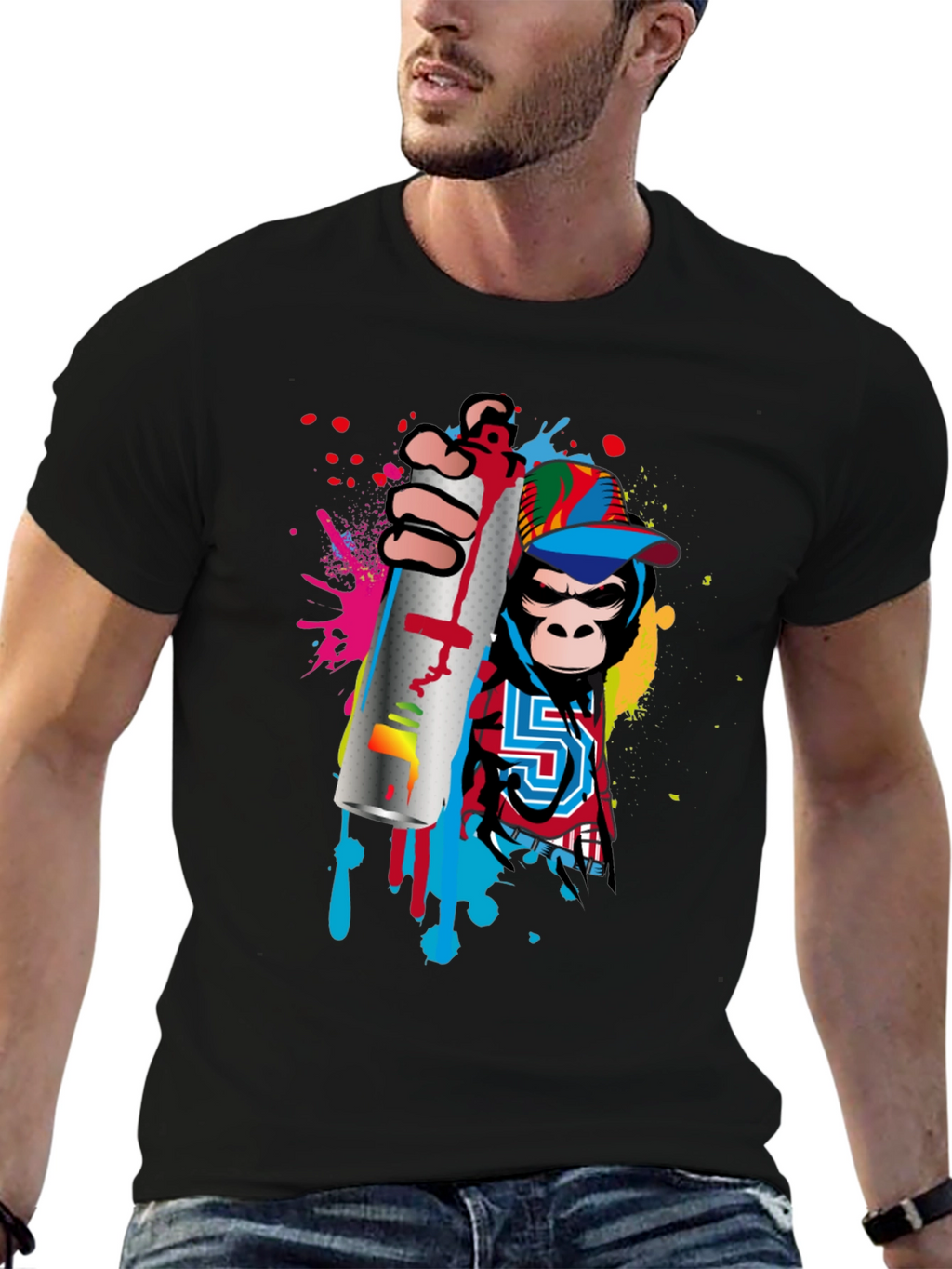 Monkey Graffiti Artist Black T-Shirt