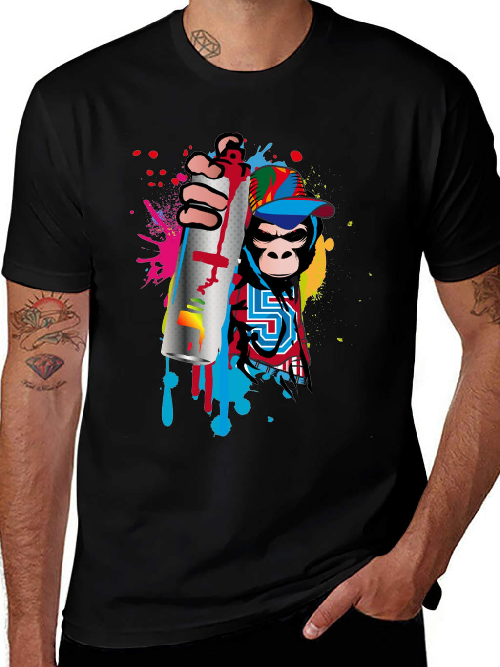 Monkey Graffiti Artist Black T-Shirt