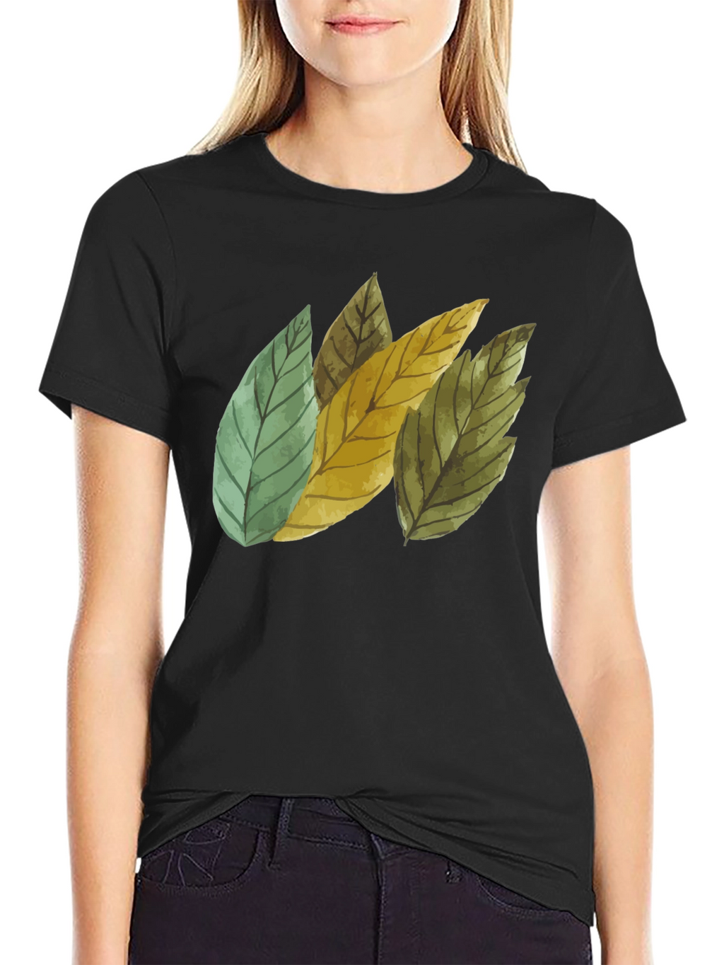 Leaf Design Black Cotton T-Shirt