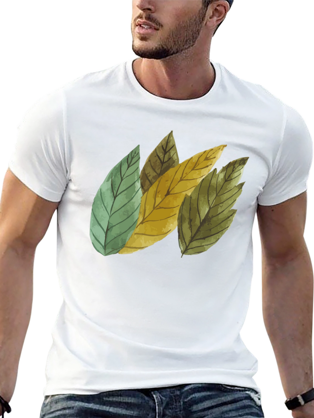Leaf Design Black Cotton T-Shirt