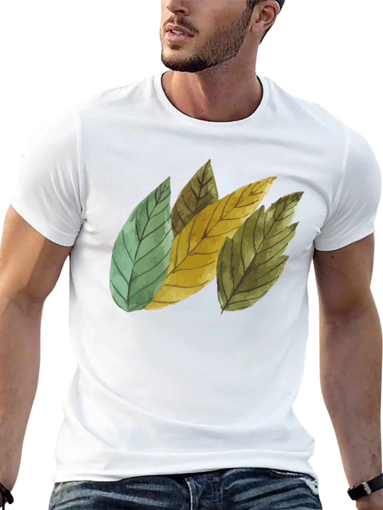 Leaf Design Black Cotton T-Shirt