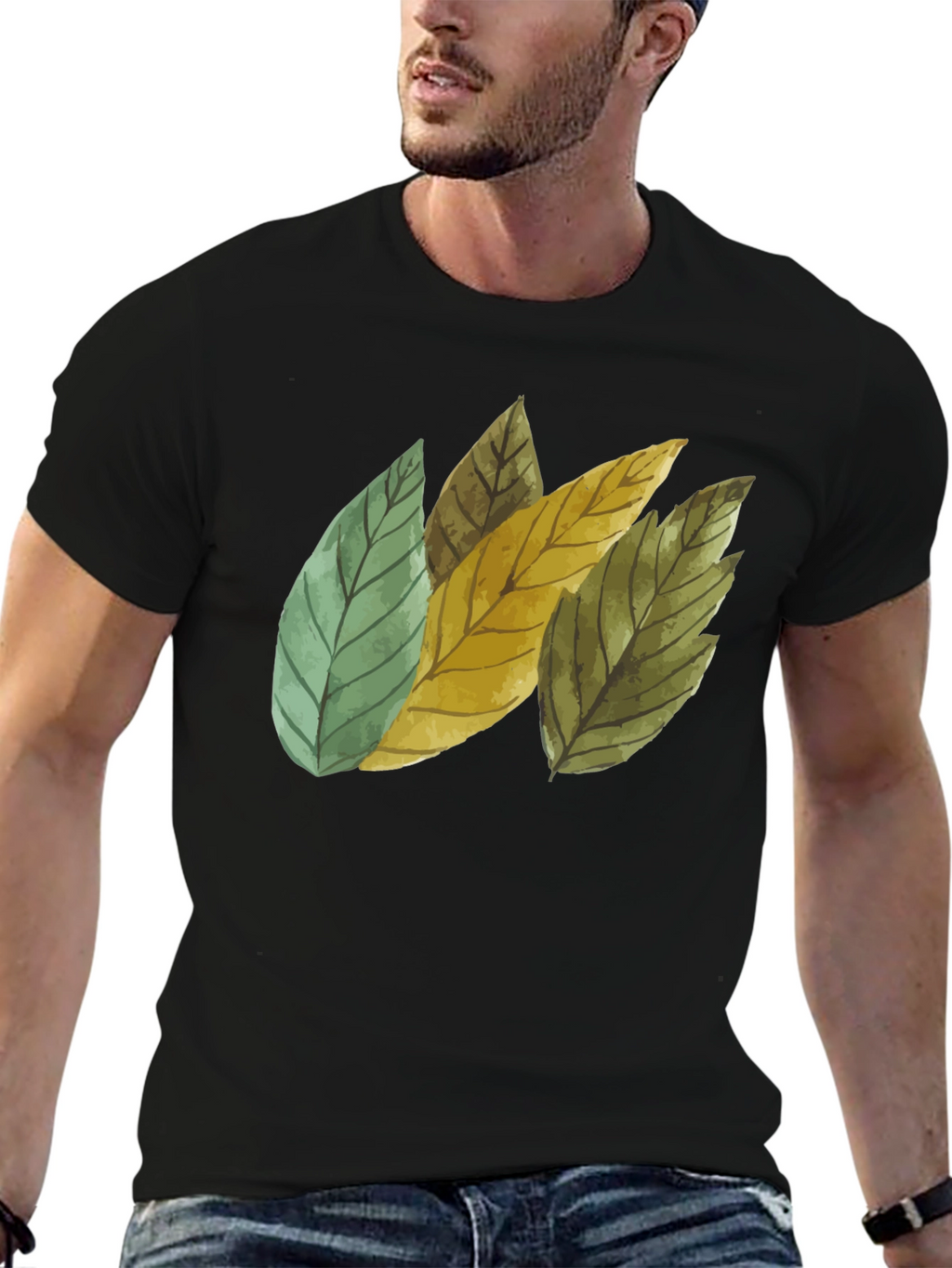 Leaf Design Black Cotton T-Shirt