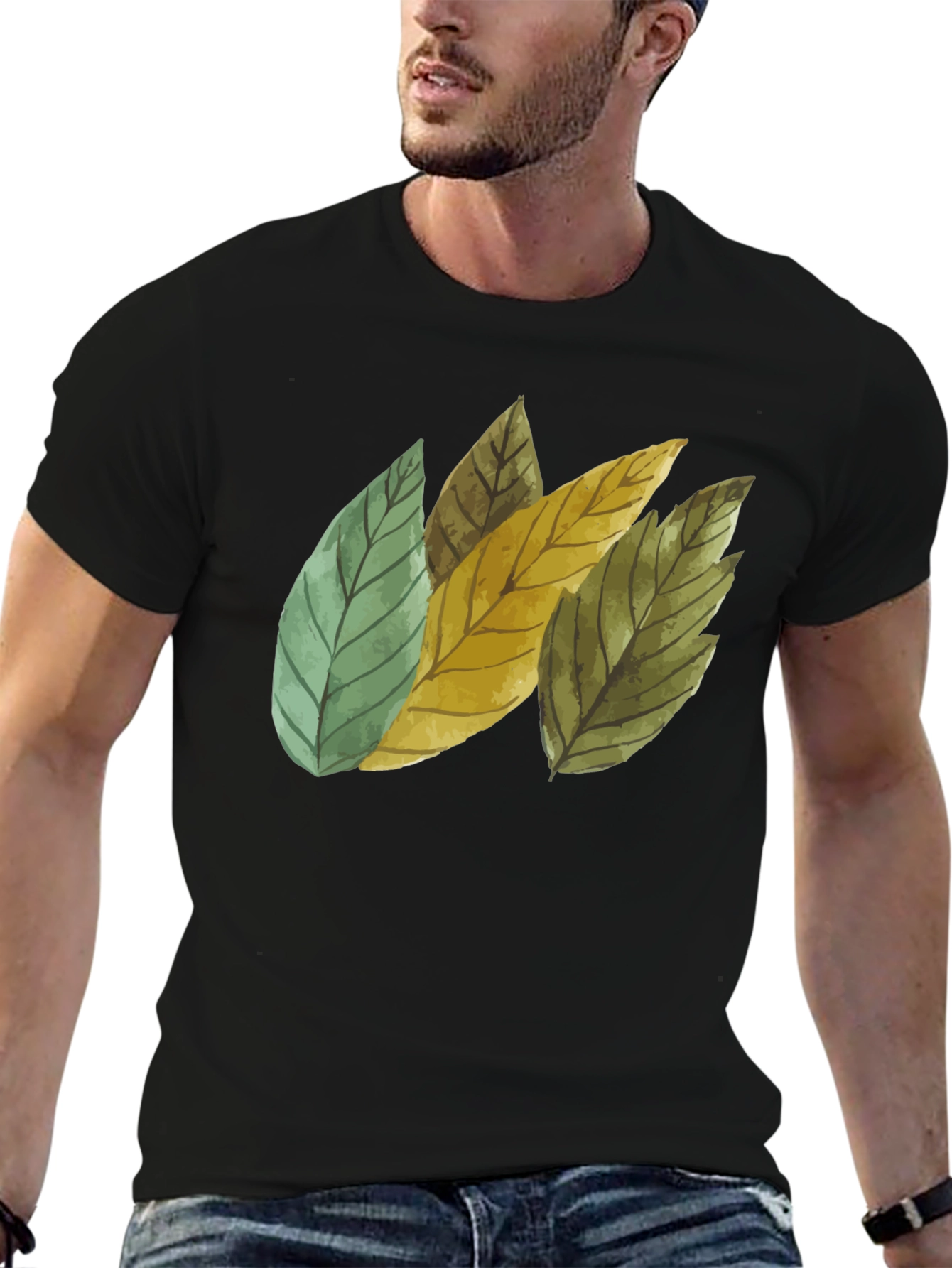 Leaf Design Black Cotton T-Shirt
