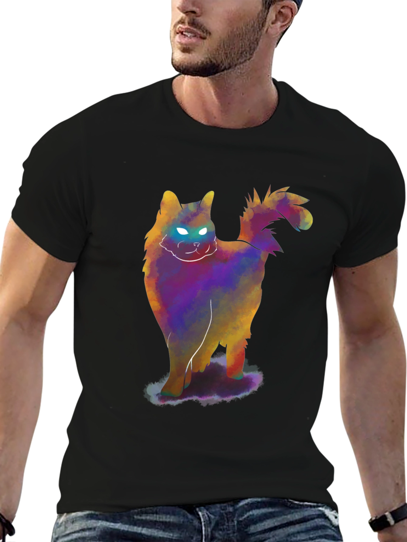 Glowing Cat T-Shirt - Mens Black Tee