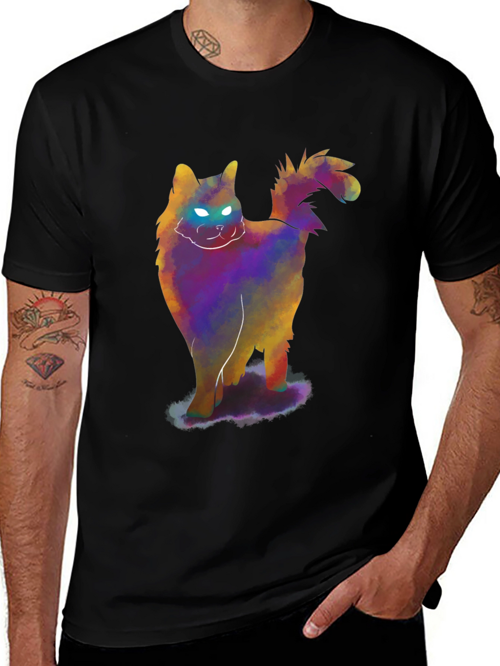 Glowing Cat T-Shirt - Mens Black Tee