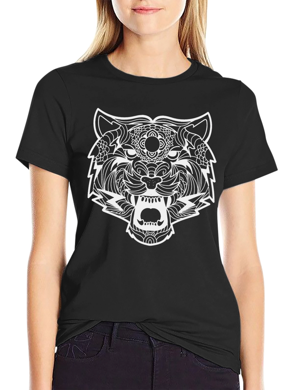 Black T-Shirt with Ornate Tiger Graphic