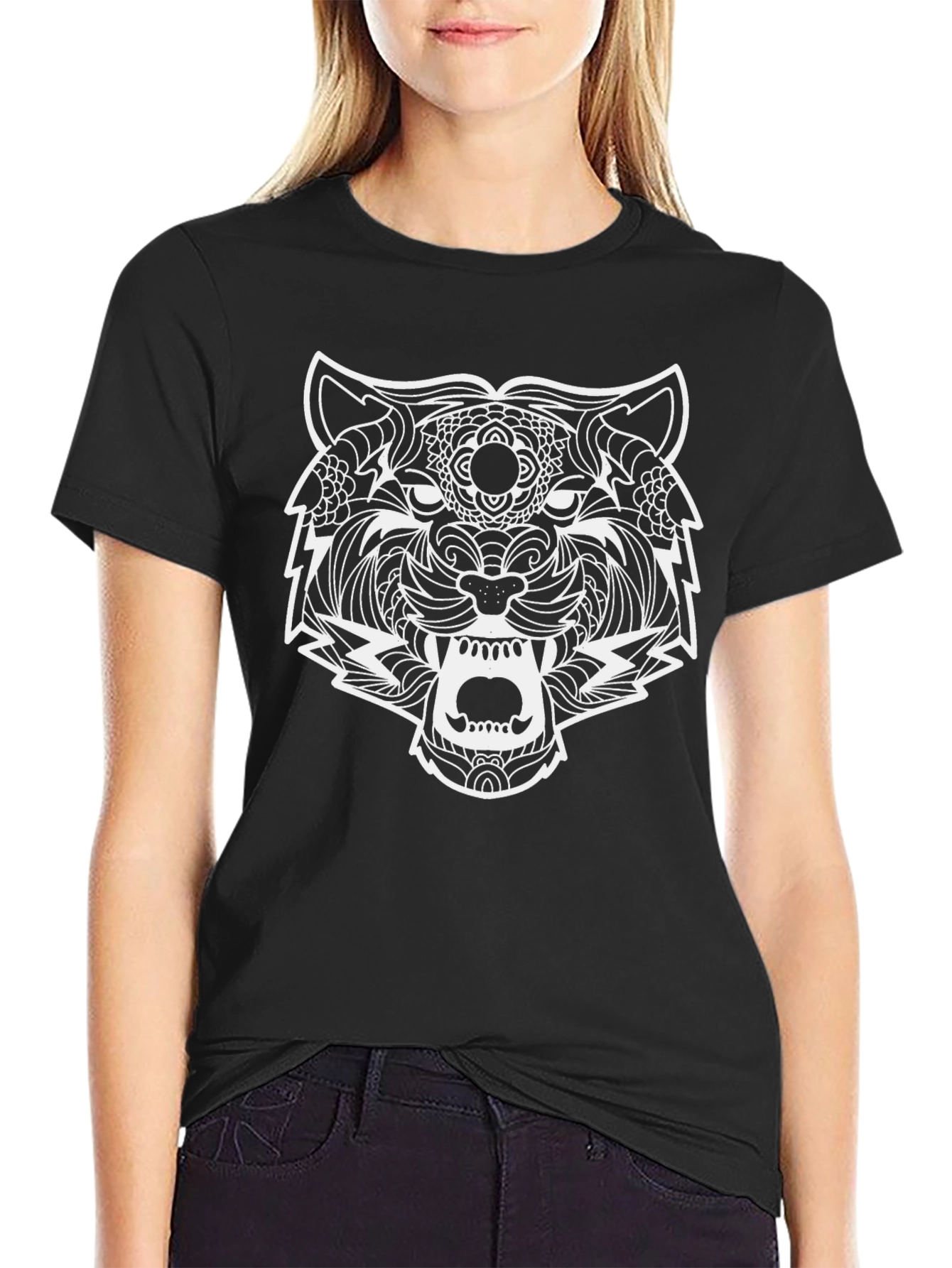 Black T-Shirt with Ornate Tiger Graphic