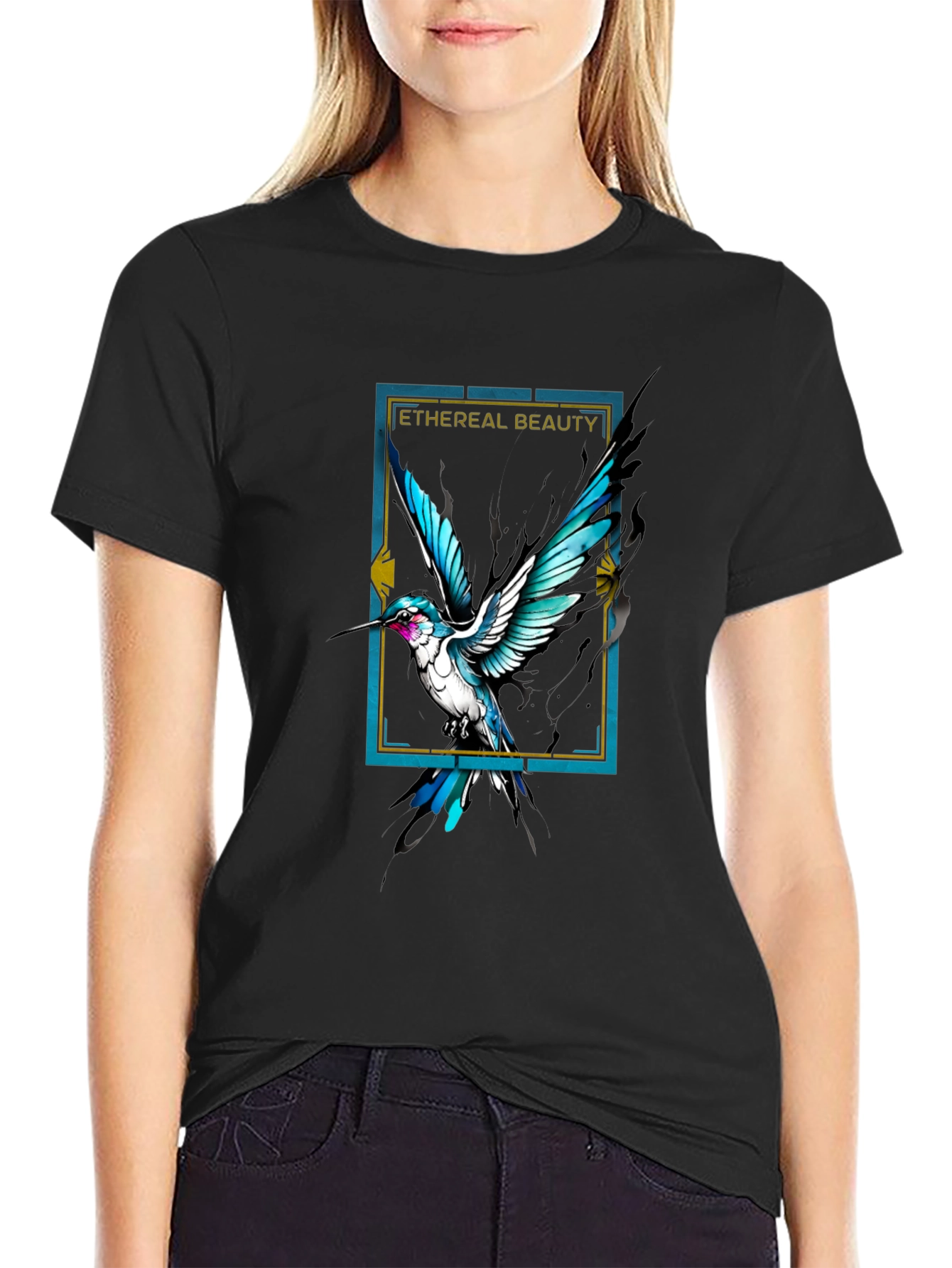 Ethereal Beauty Bird Graphic Black Tee