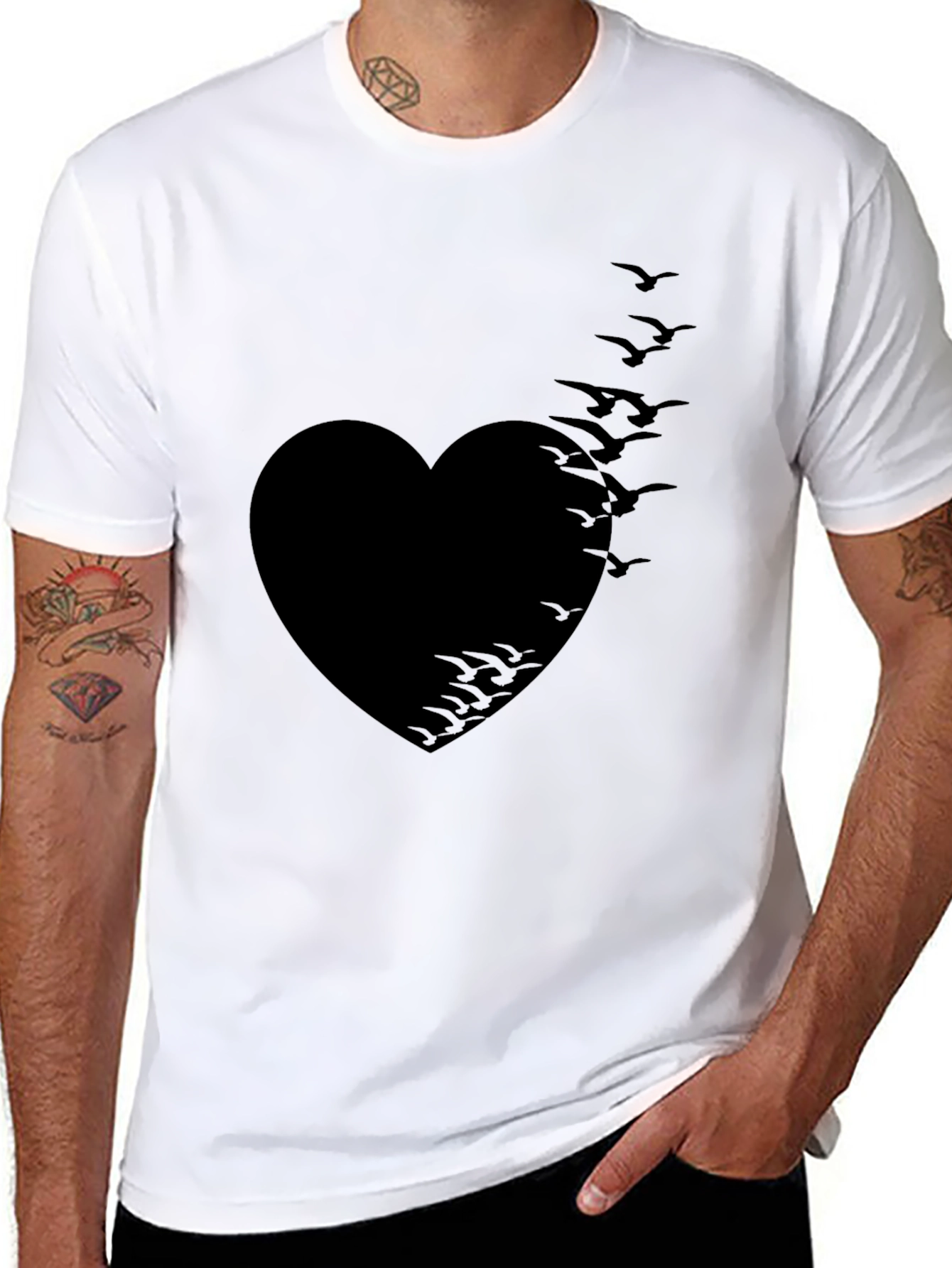 Heart Birds Graphic Tee - Stylish Black T-Shirt