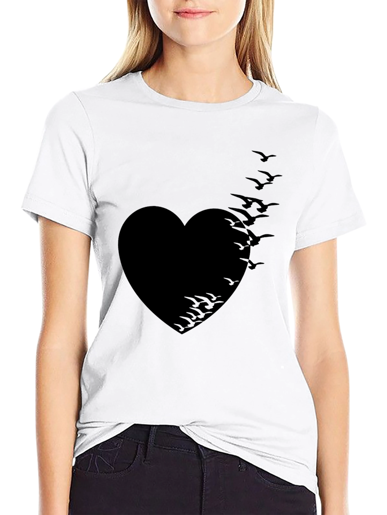 Heart Birds Graphic Tee - Stylish Black T-Shirt