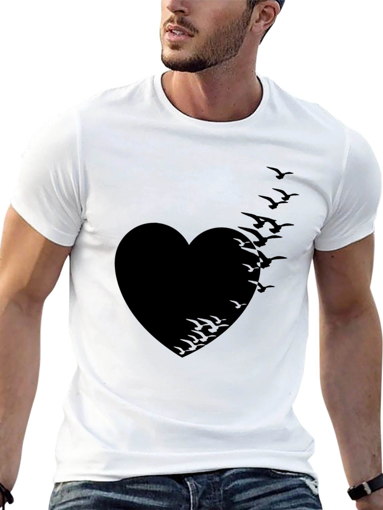Heart Birds Graphic Tee - Stylish Black T-Shirt