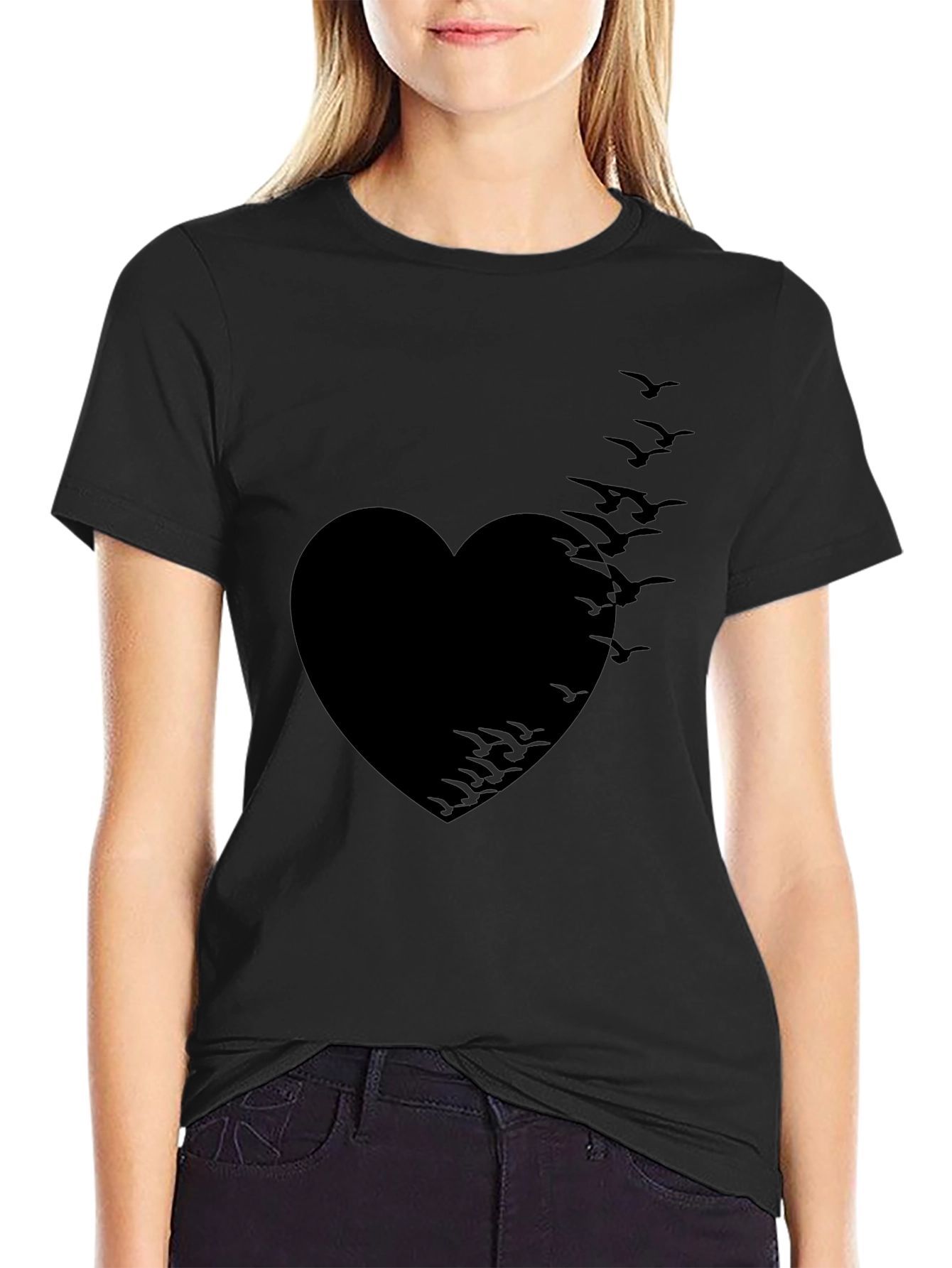 Heart Birds Graphic Tee - Stylish Black T-Shirt