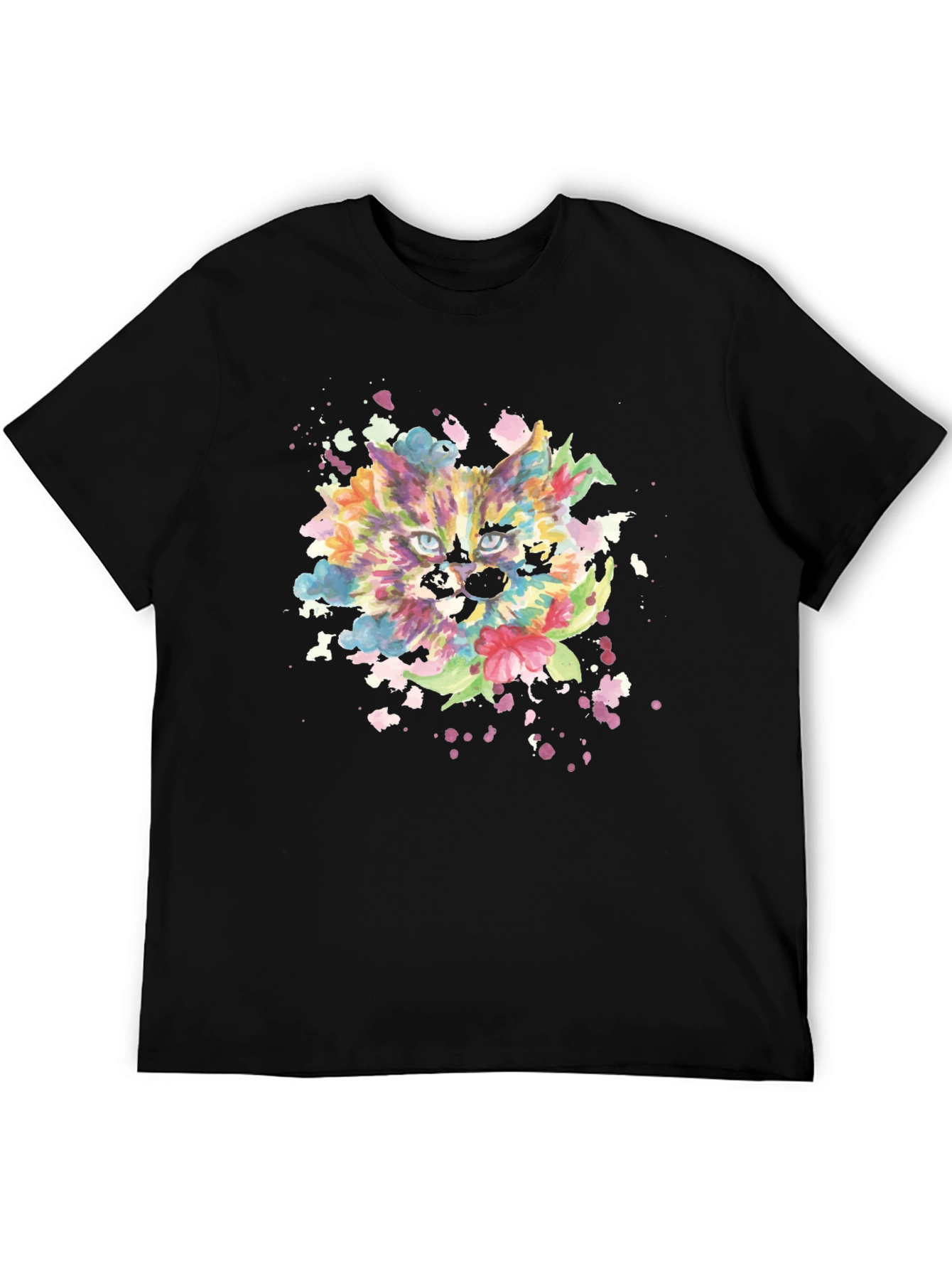 Colorful Watercolor Cat Graphic Tee - Black