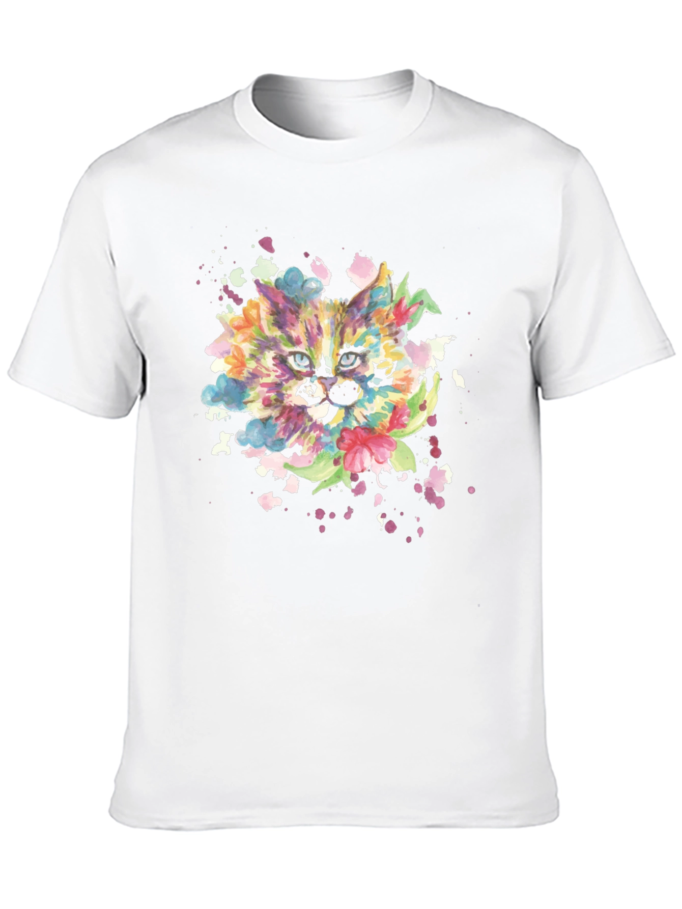 Colorful Watercolor Cat Graphic Tee - Black