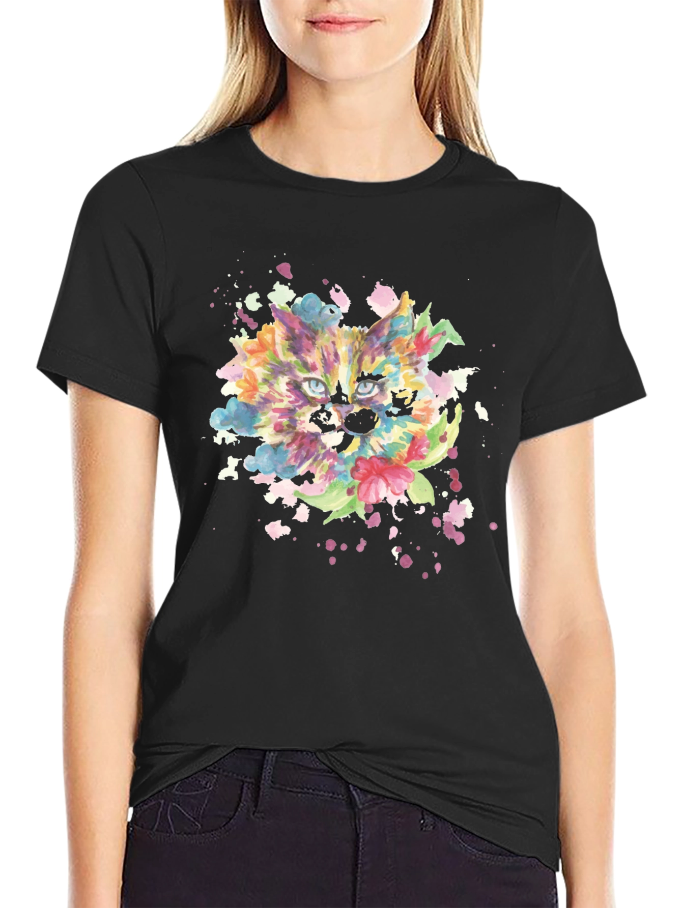 Colorful Watercolor Cat Graphic Tee - Black