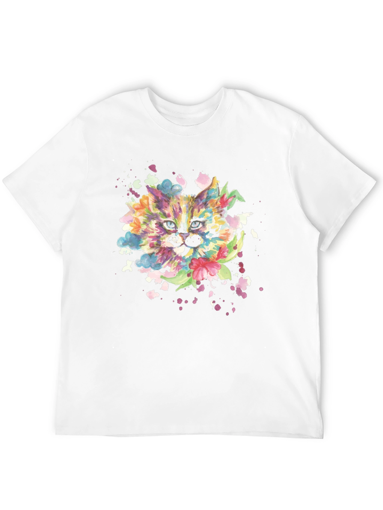 Colorful Watercolor Cat Graphic Tee - Black