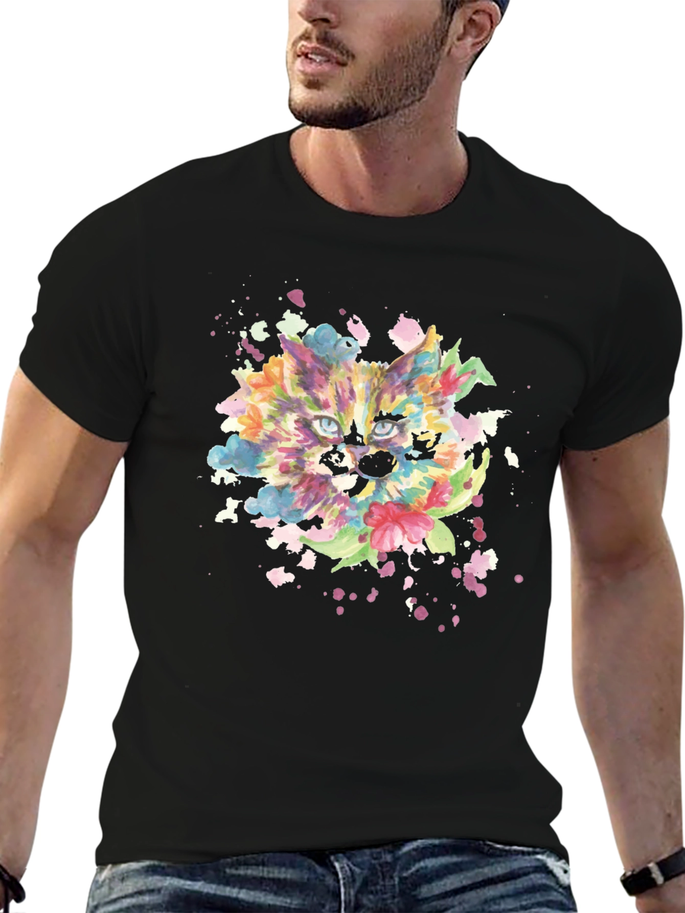 Colorful Watercolor Cat Graphic Tee - Black