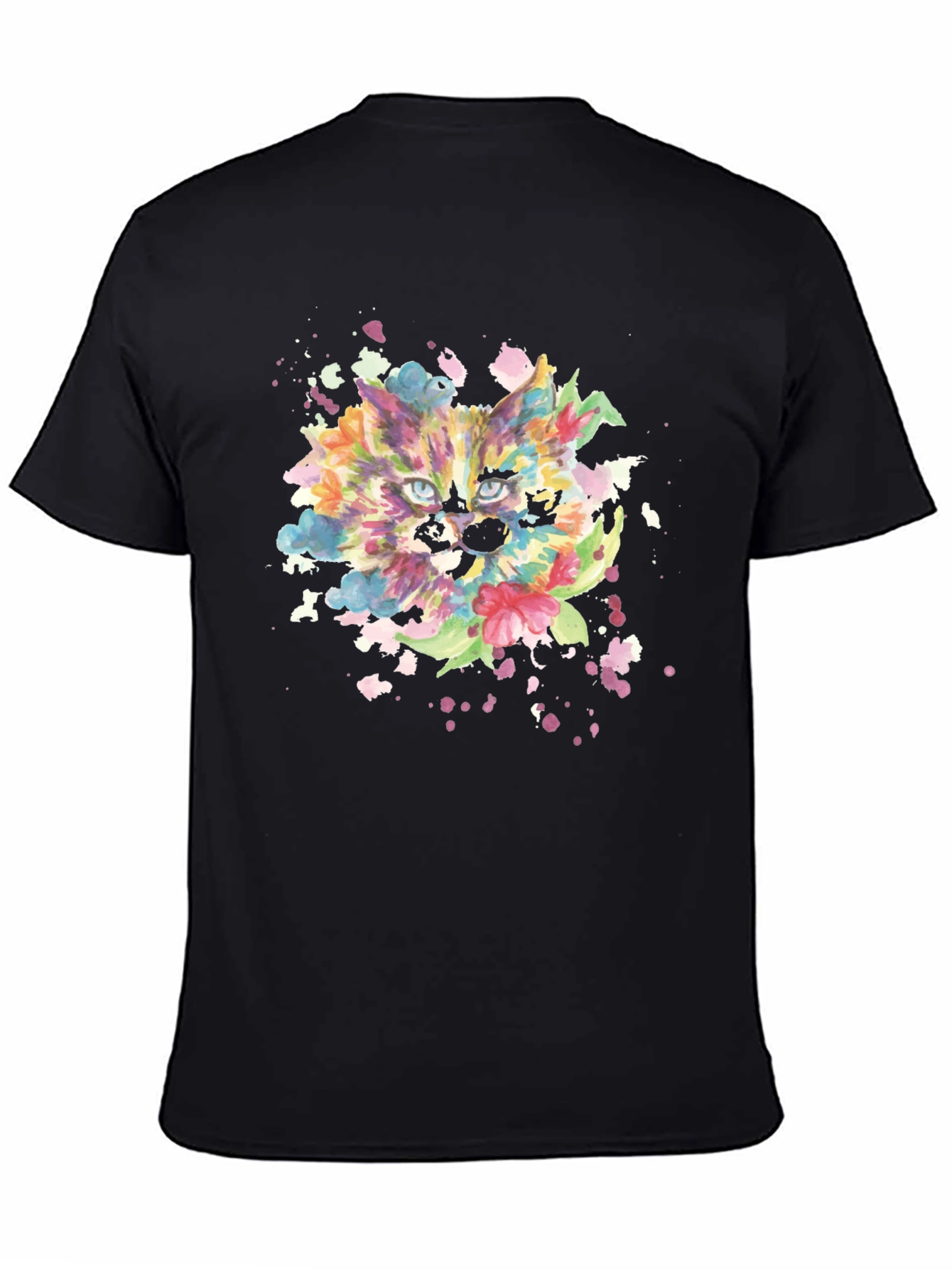 Colorful Watercolor Cat Graphic Tee - Black