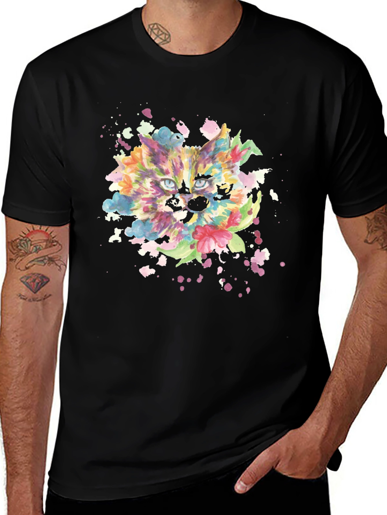 Colorful Watercolor Cat Graphic Tee - Black