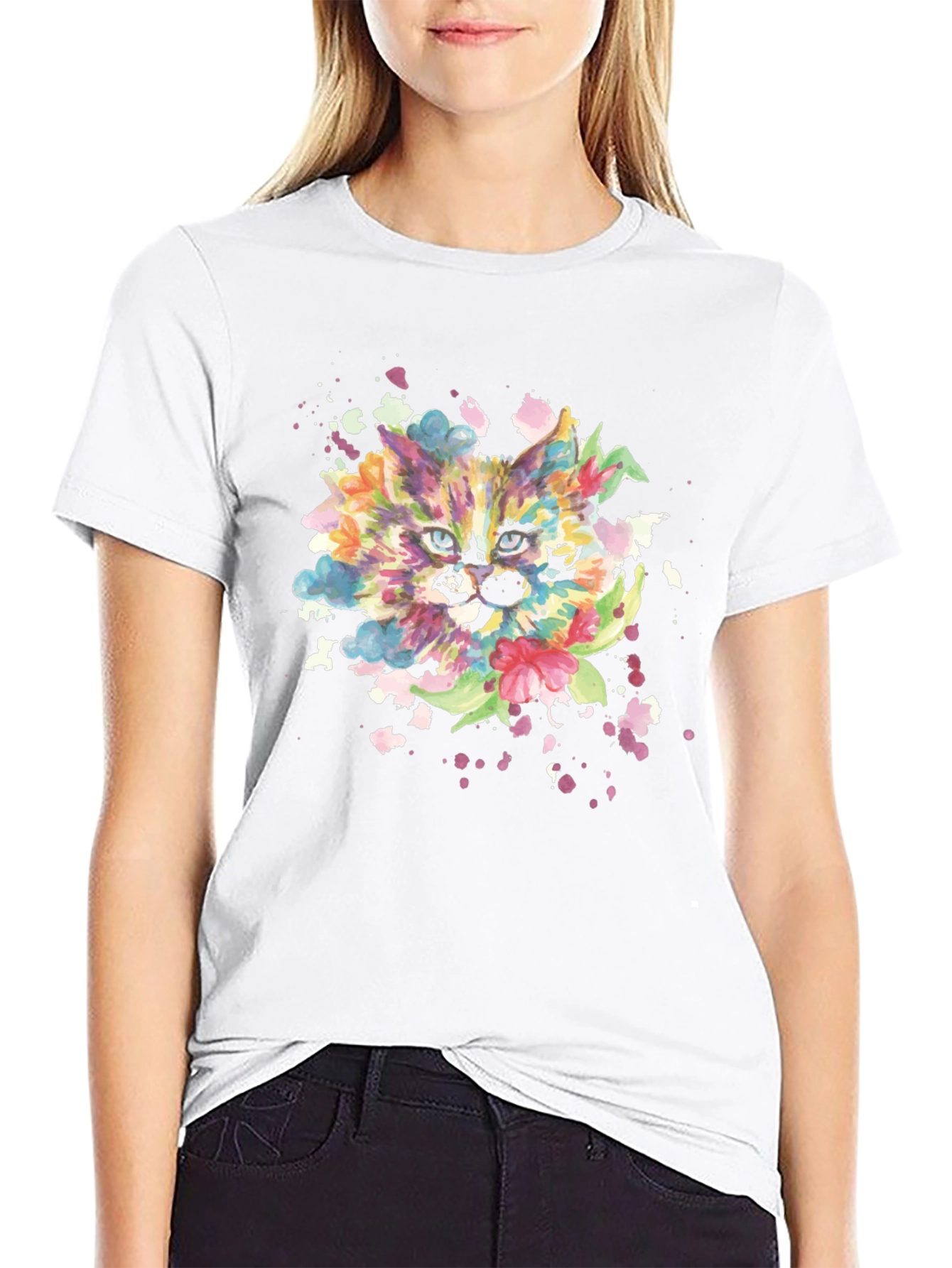 Colorful Watercolor Cat Graphic Tee - Black