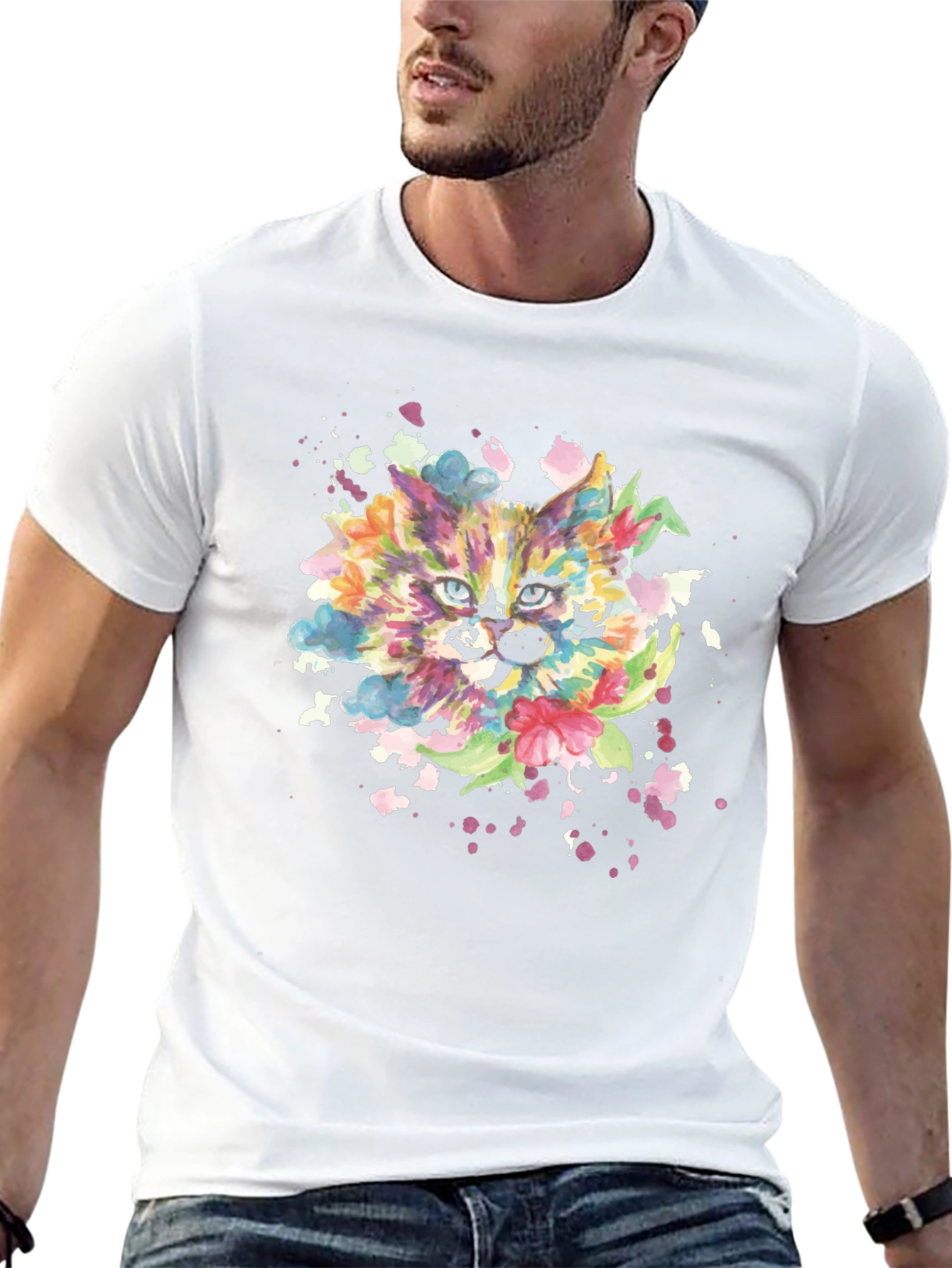 Colorful Watercolor Cat Graphic Tee - Black