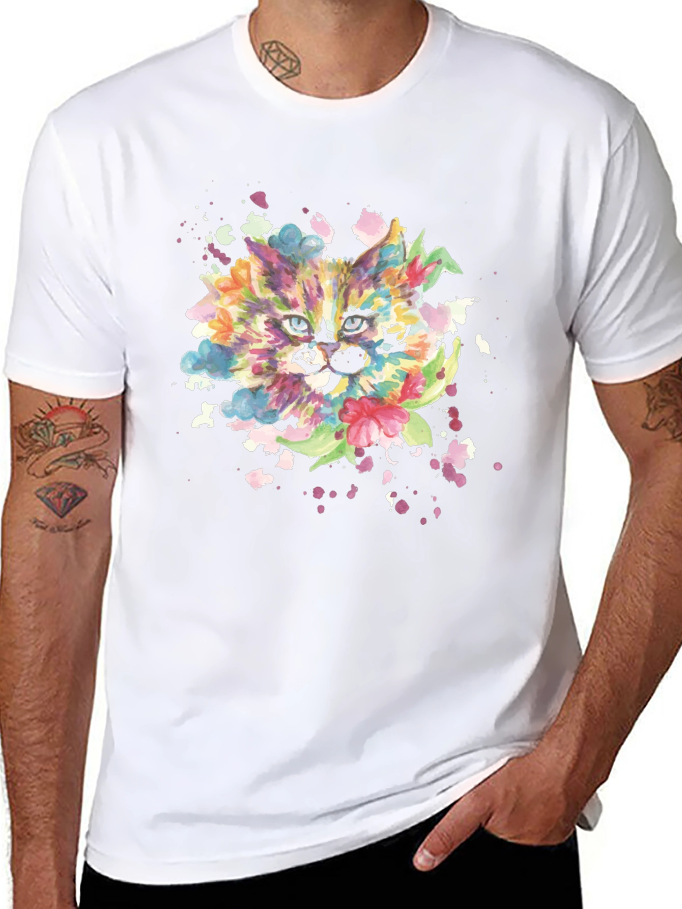 Colorful Watercolor Cat Graphic Tee - Black