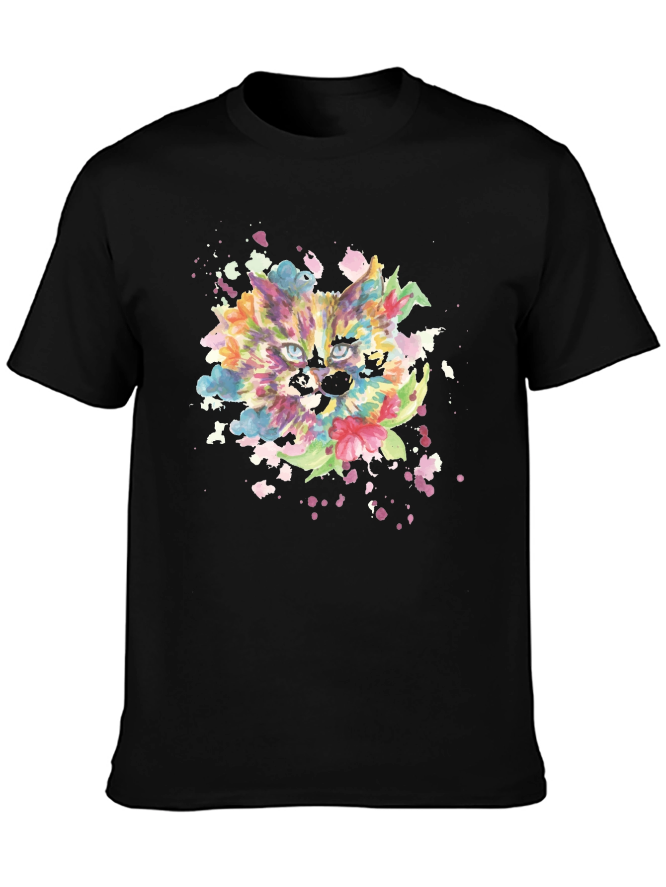 Colorful Watercolor Cat Graphic Tee - Black