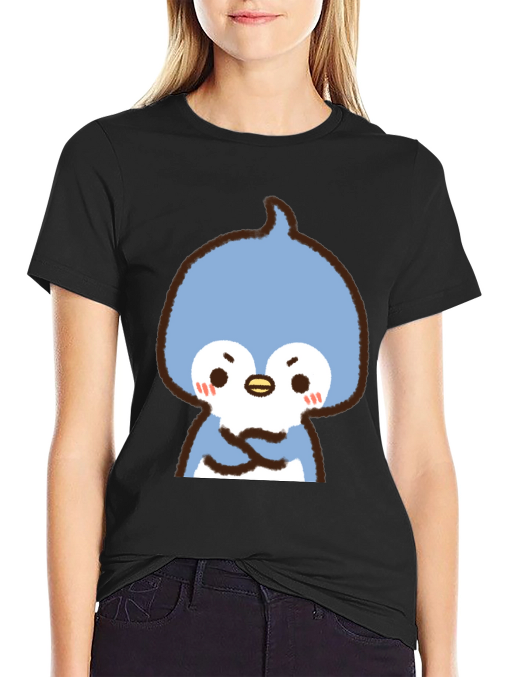 Cute Cartoon Penguin Graphic Tee - Black