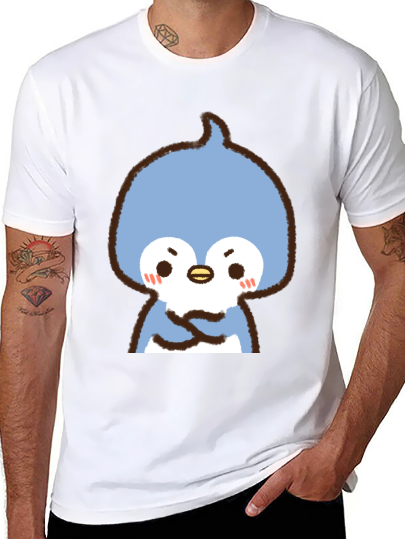 Cute Cartoon Penguin Graphic Tee - Black