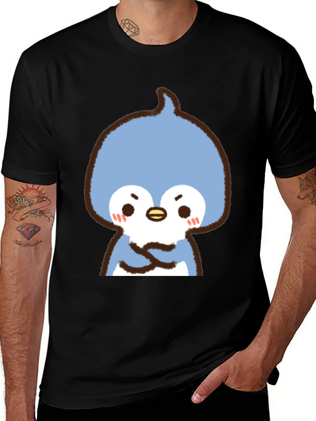 Cute Cartoon Penguin Graphic Tee - Black