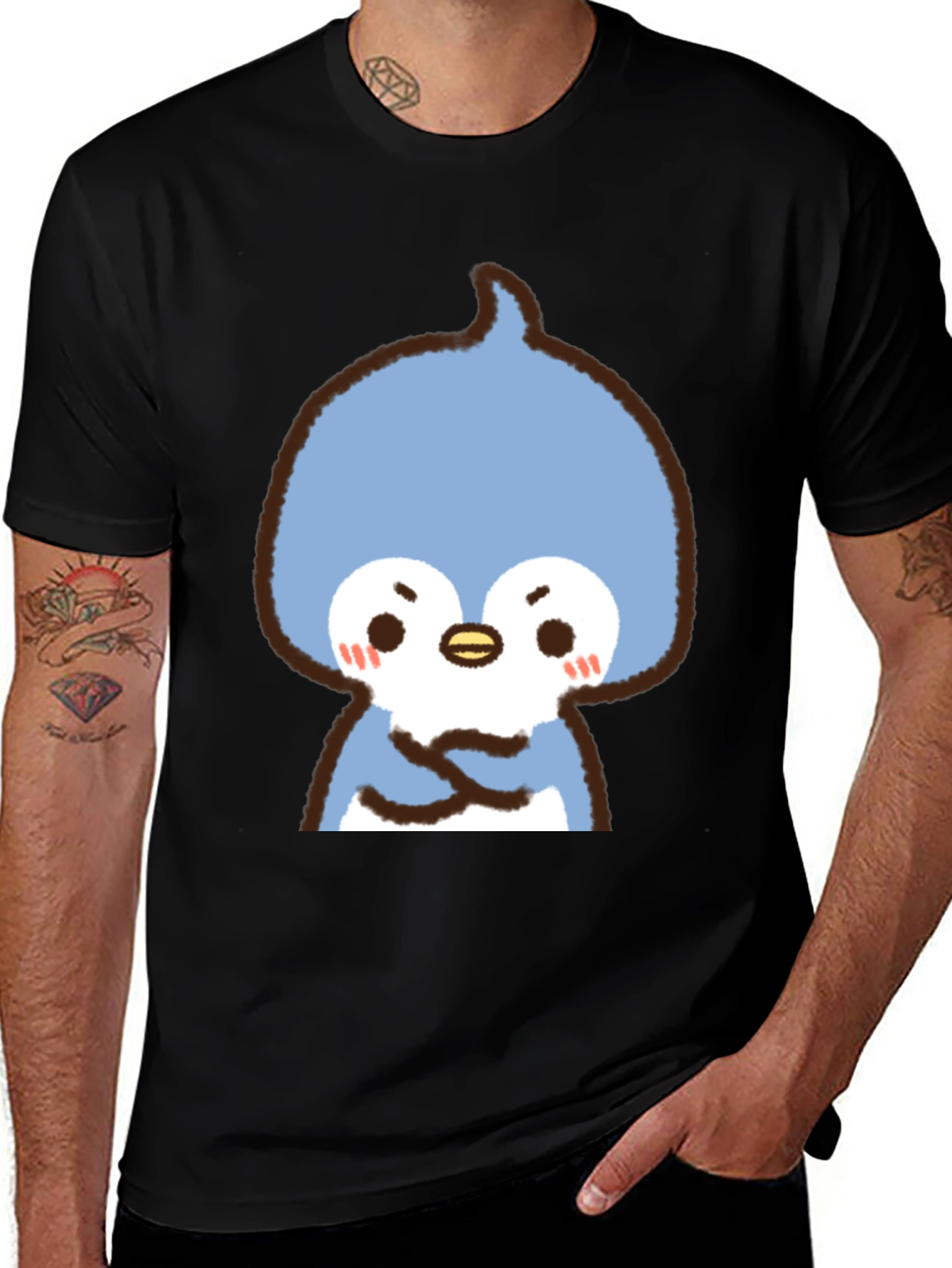 Cute Cartoon Penguin Graphic Tee - Black