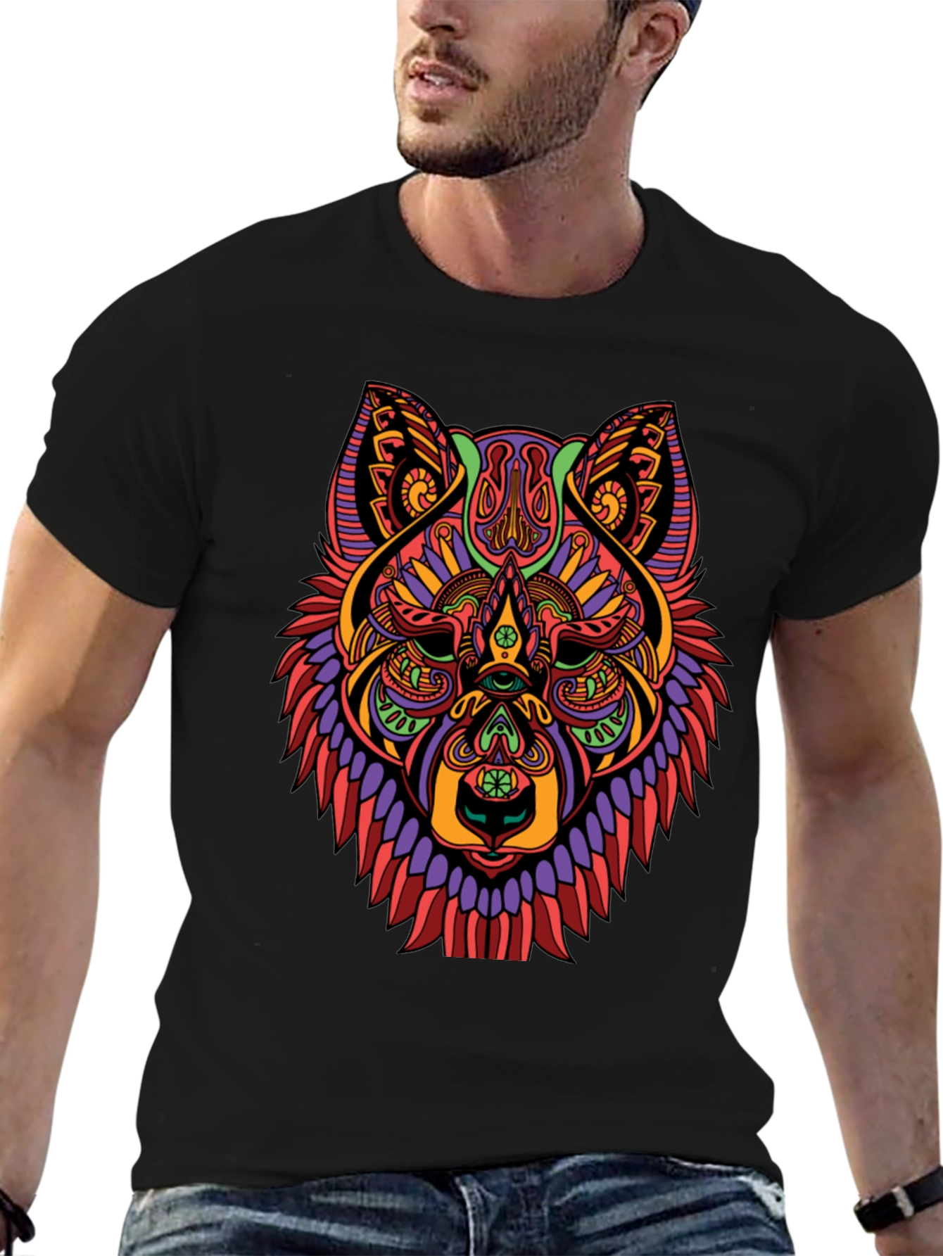 Psychedelic Wolf Graphic Print Black T-Shirt