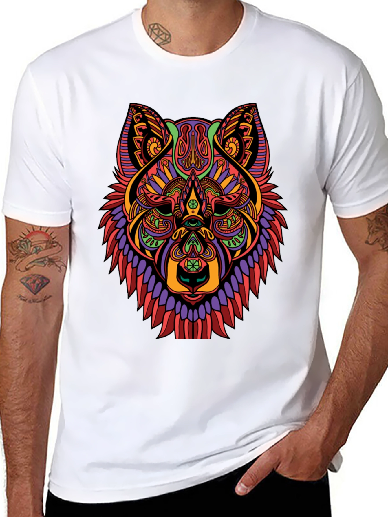 Psychedelic Wolf Graphic Print Black T-Shirt